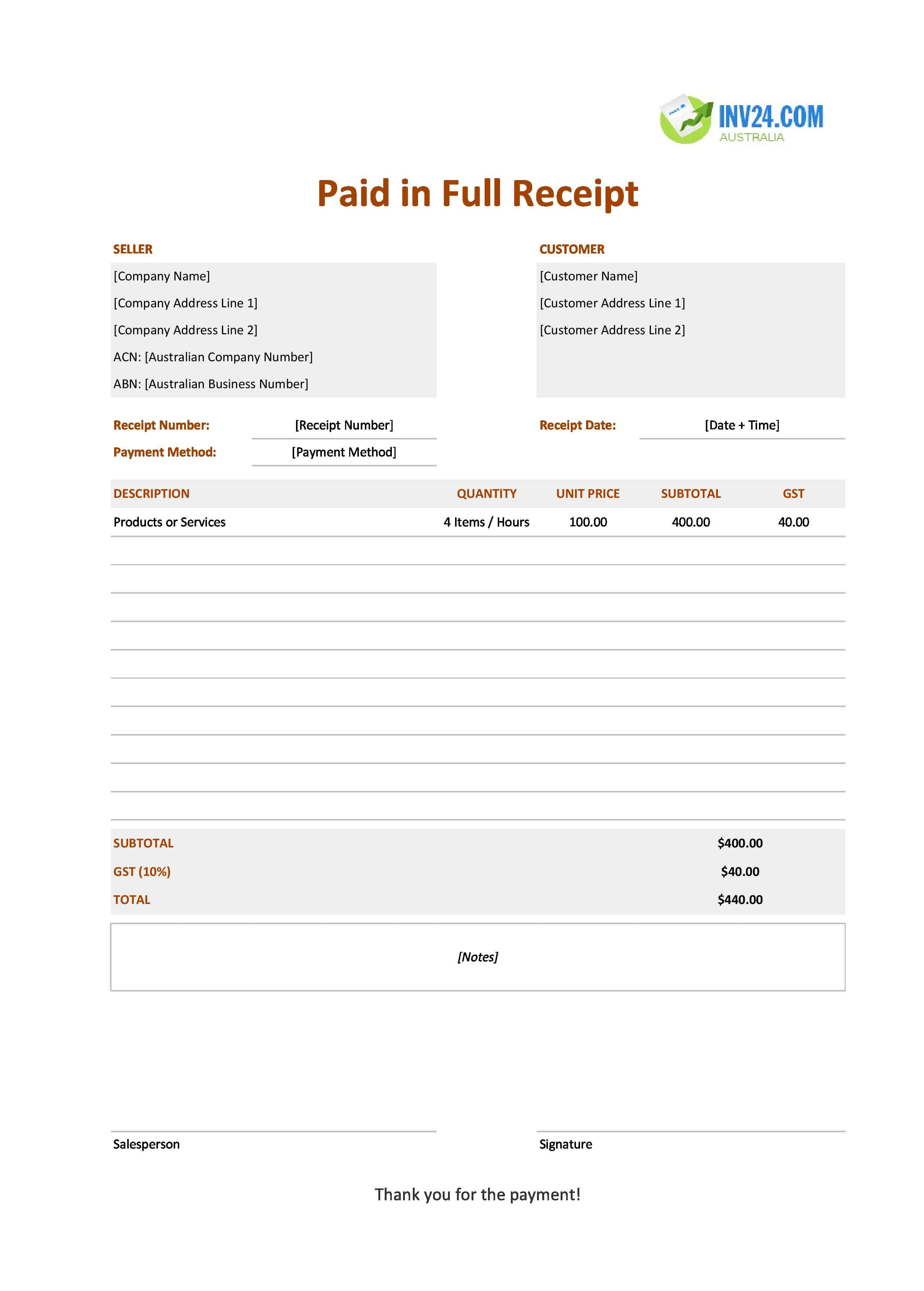 Paid in Full Receipt Template for Australia (Excel / Google Sheets)