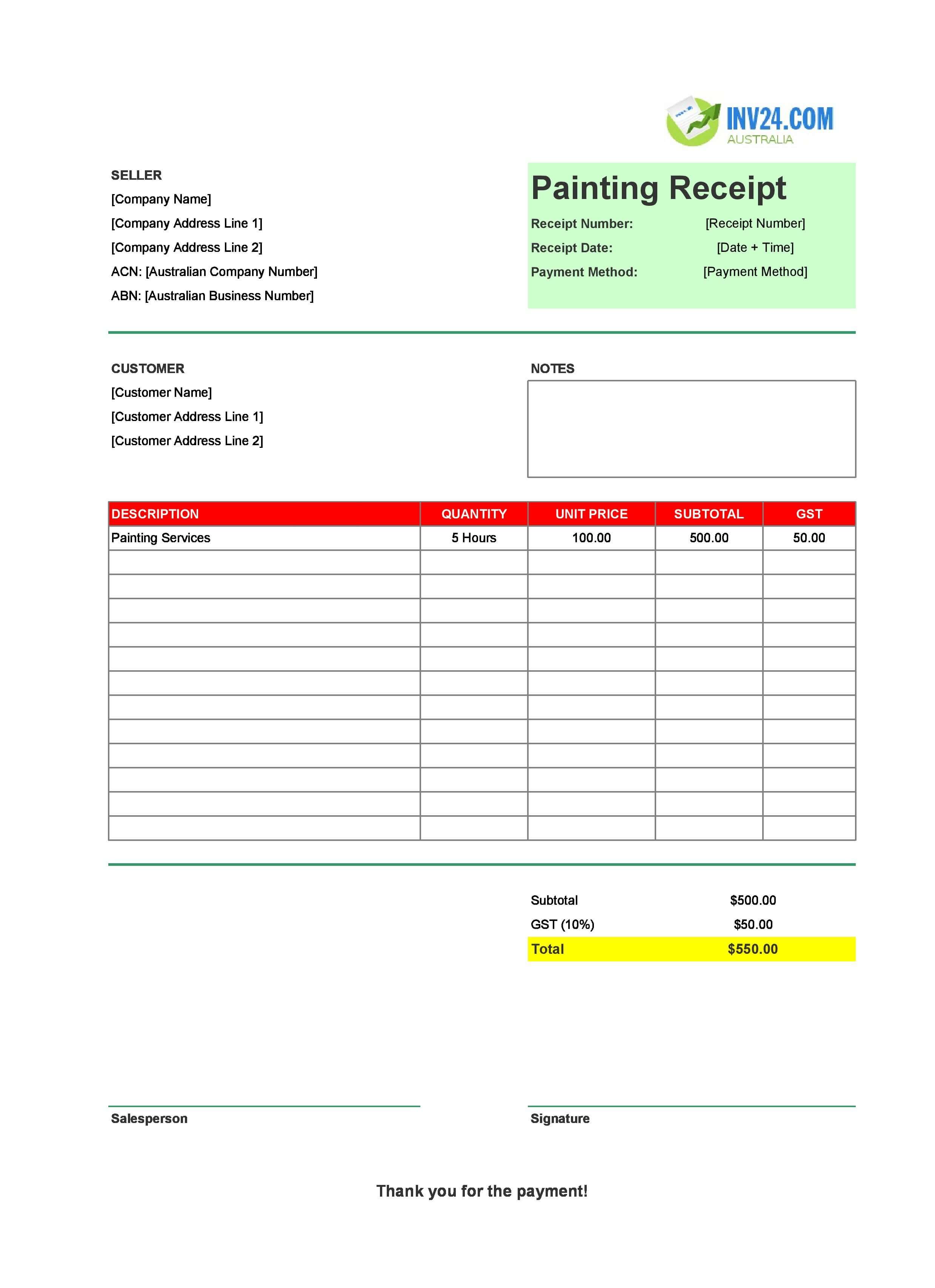Painting Receipt Template for Australia (Excel / Google Sheets)