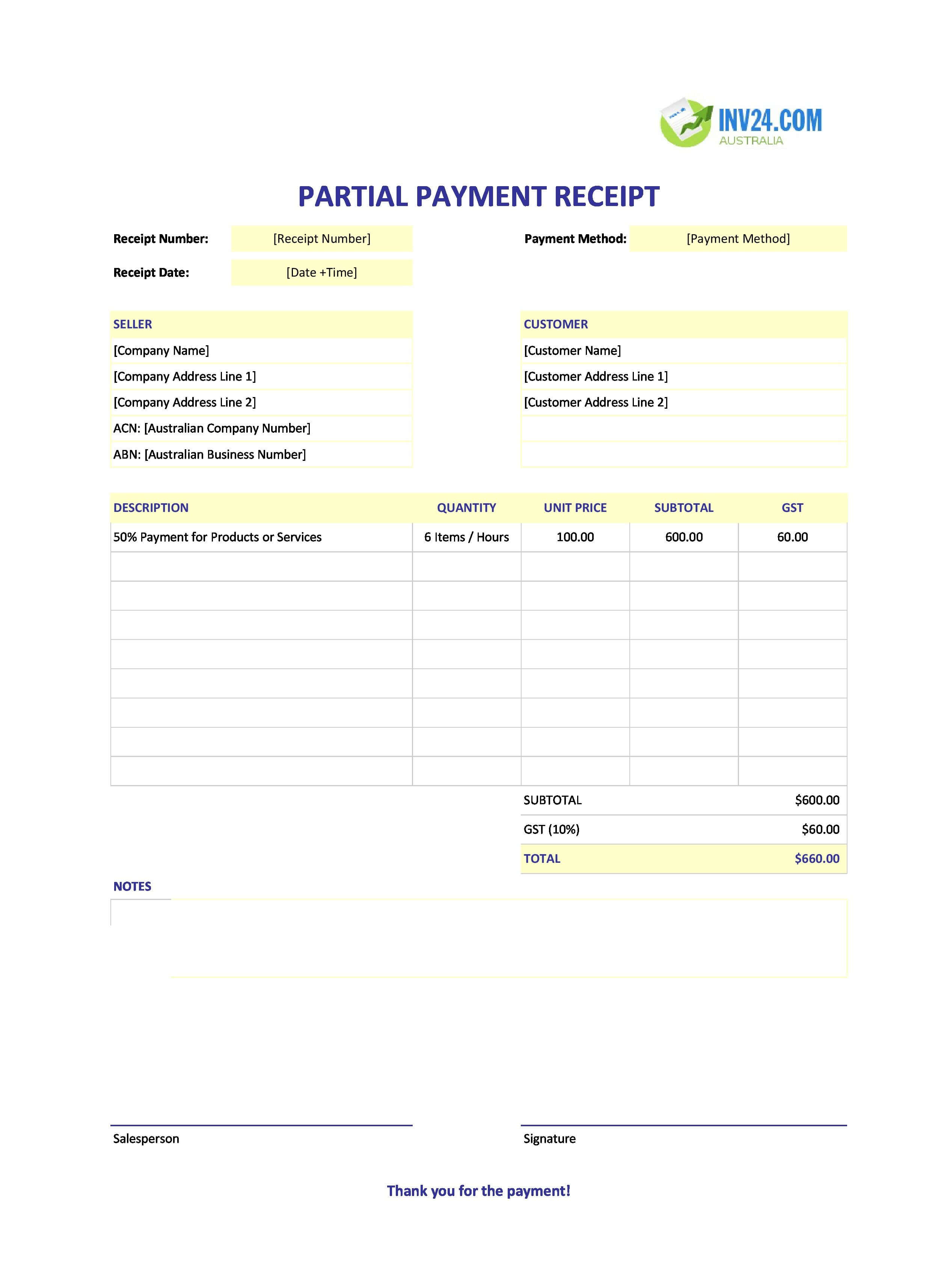 Partial Payment Receipt Template for Australia (Excel / Google Sheets)