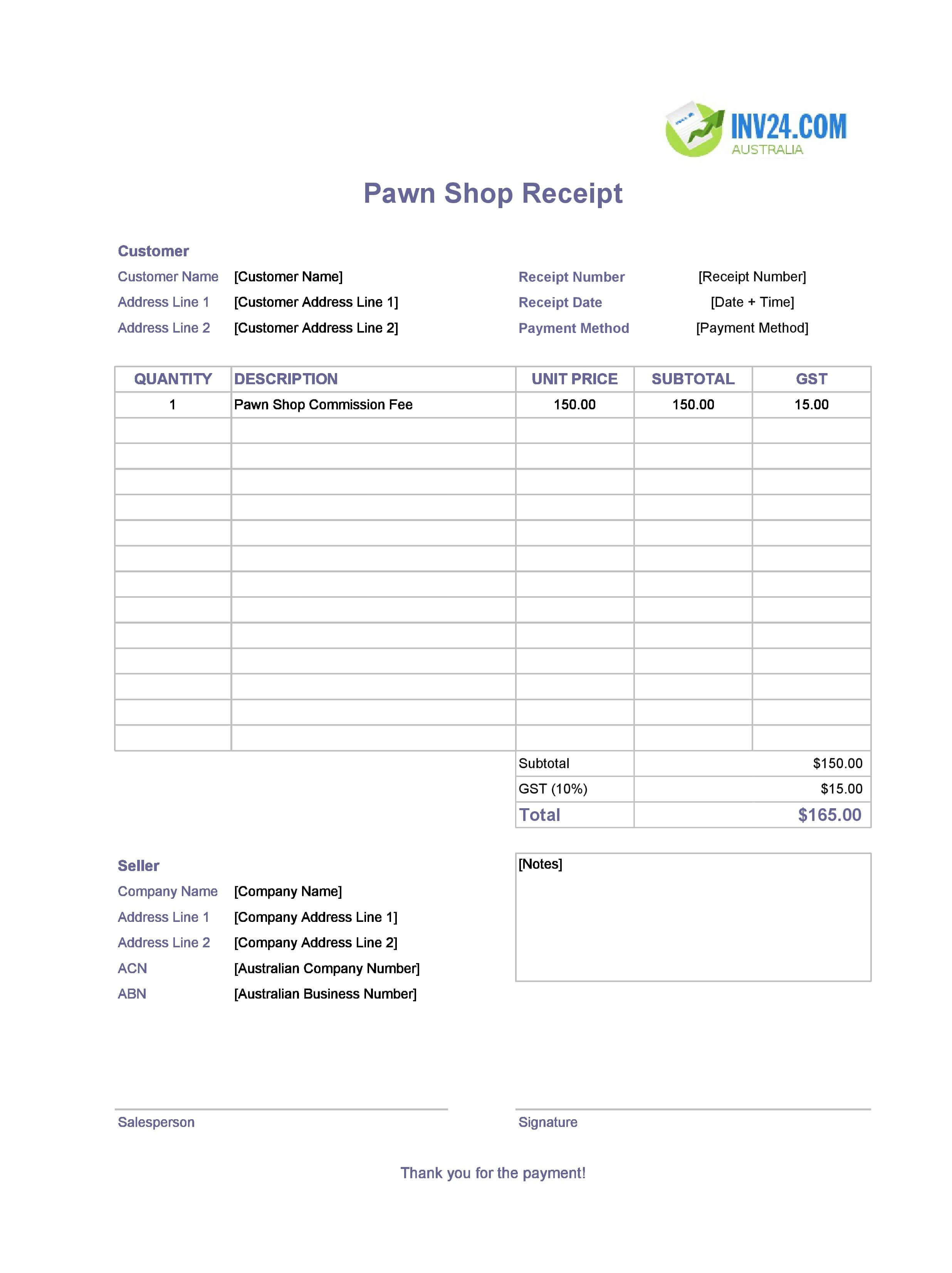 Pawn Shop Receipt Template for Australia (Excel / Google Sheets)