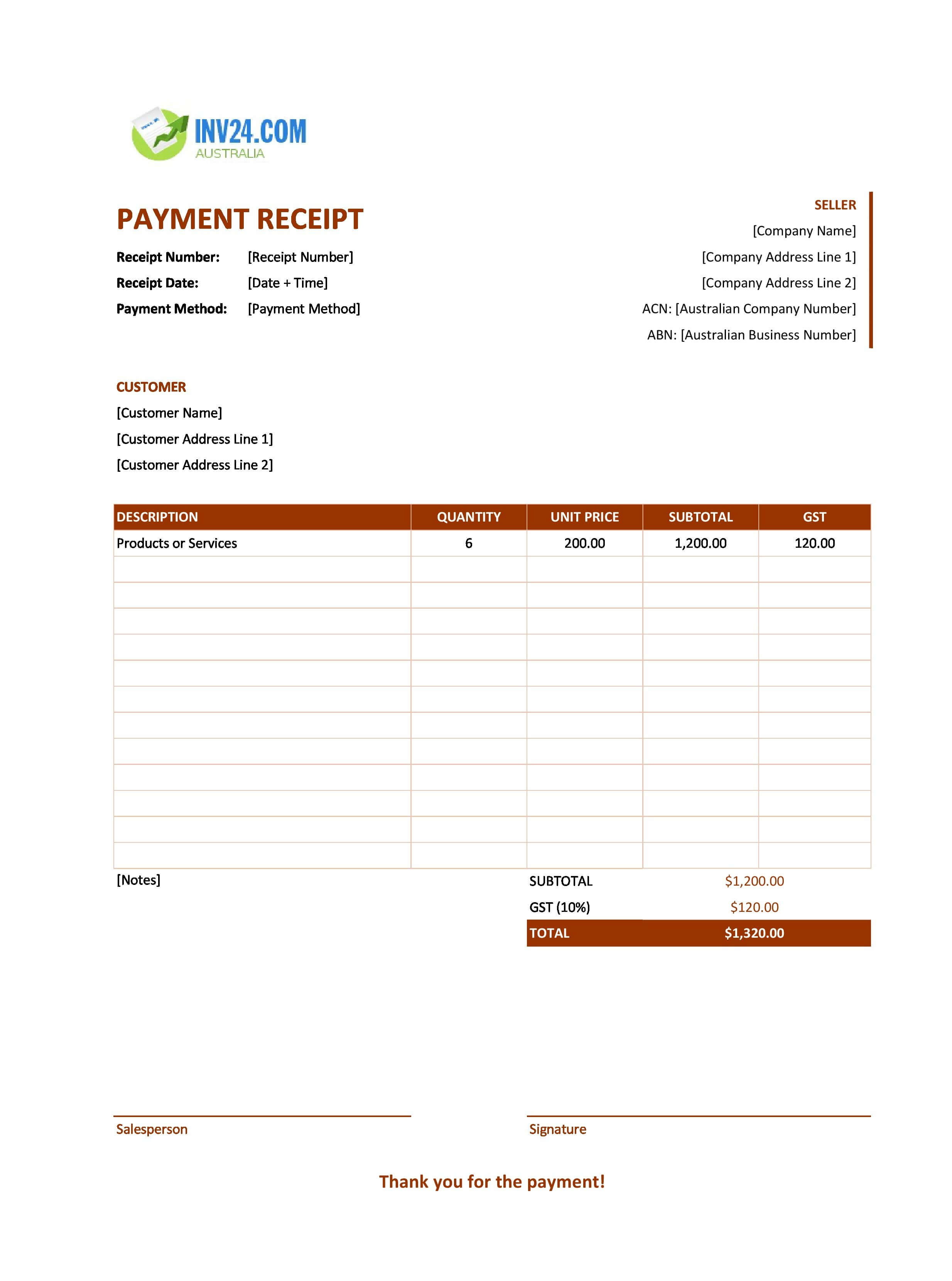 Payment Receipt Template for Australia (Excel / Google Sheets)