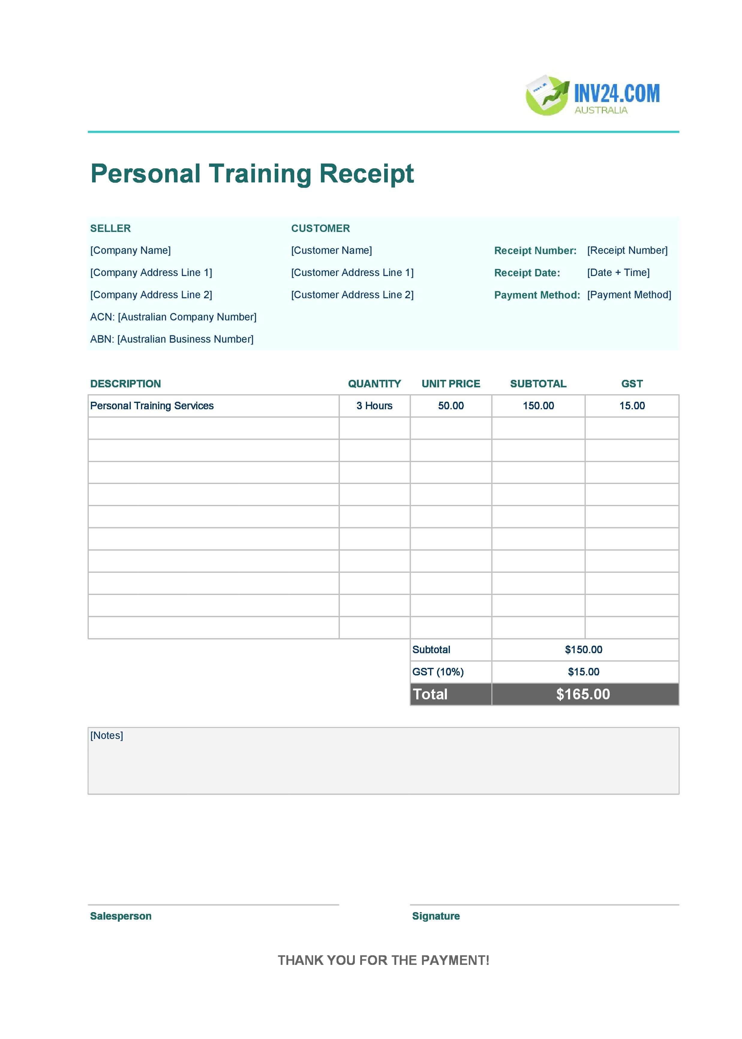 Personal Training Receipt Template for Australia (Excel / Google Sheets)