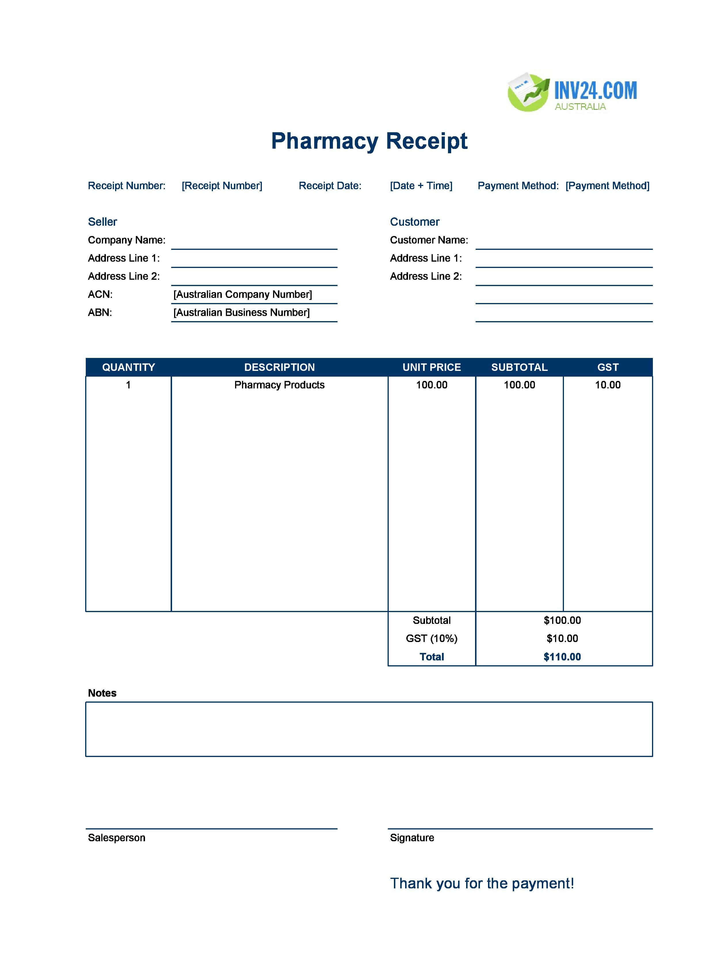 Pharmacy Receipt Template for Australia (Excel / Google Sheets)