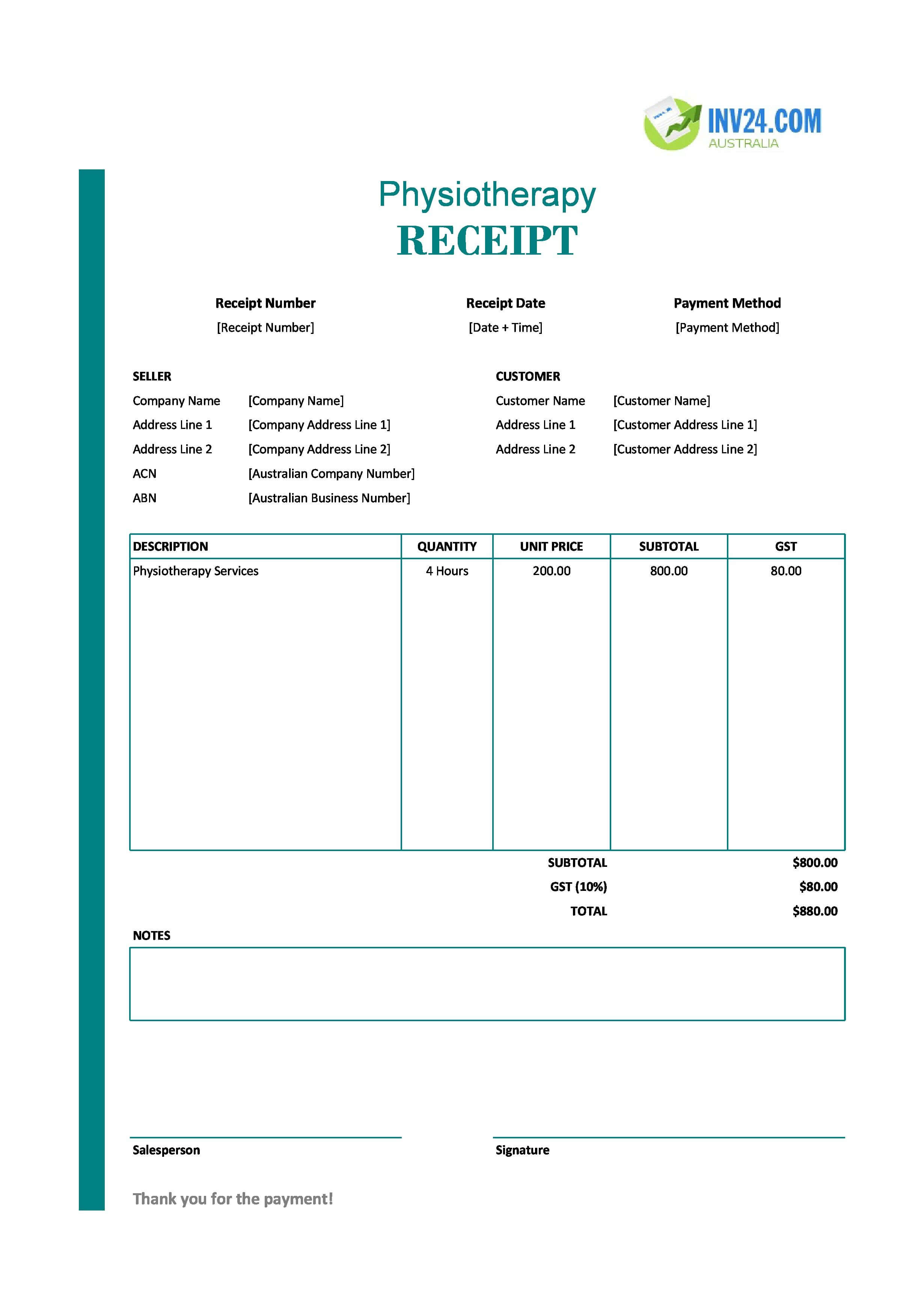 Physiotherapy Receipt Template for Australia (Excel / Google Sheets)