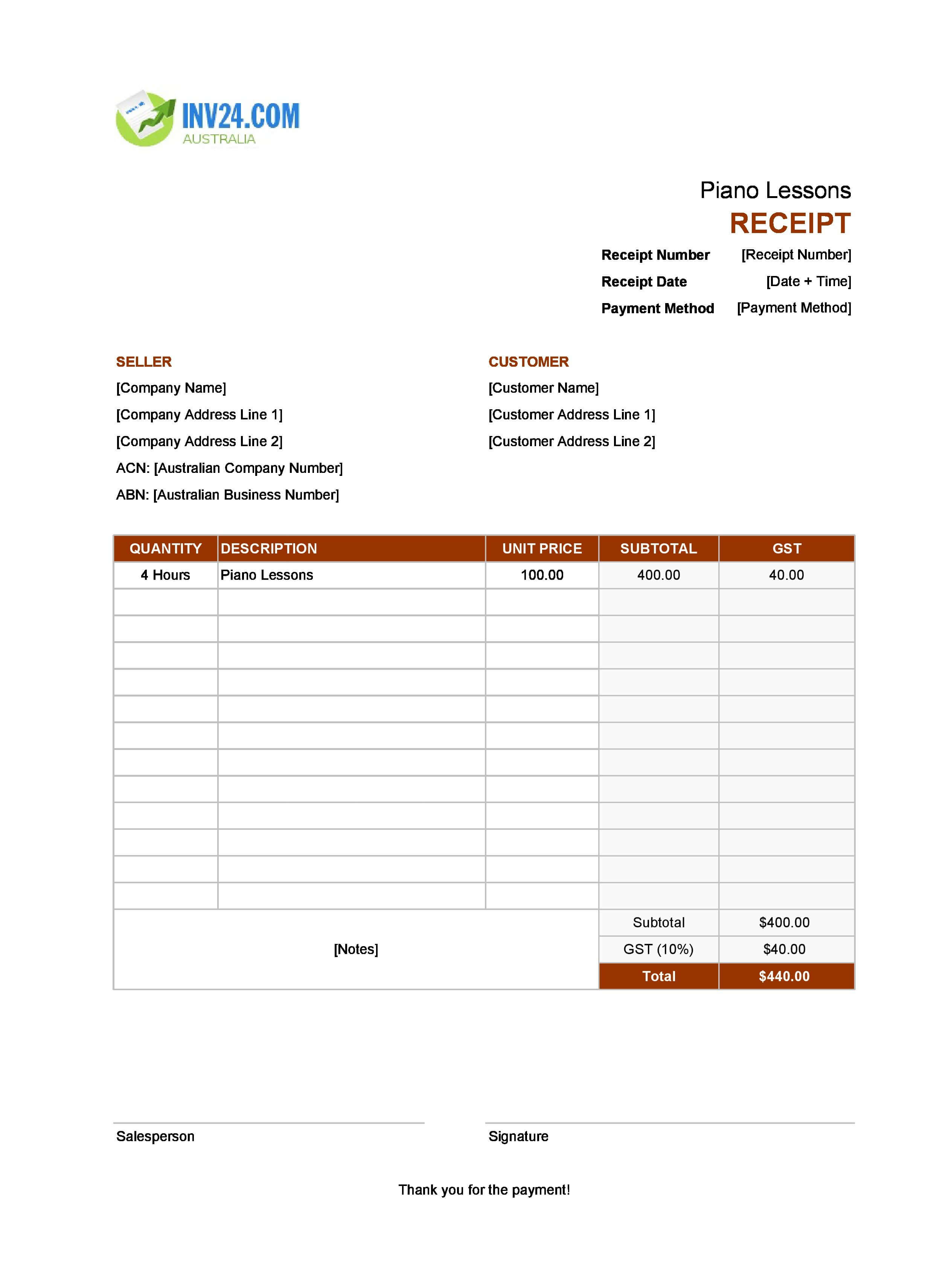 Piano Lessons Receipt Template for Australia (Excel / Google Sheets)