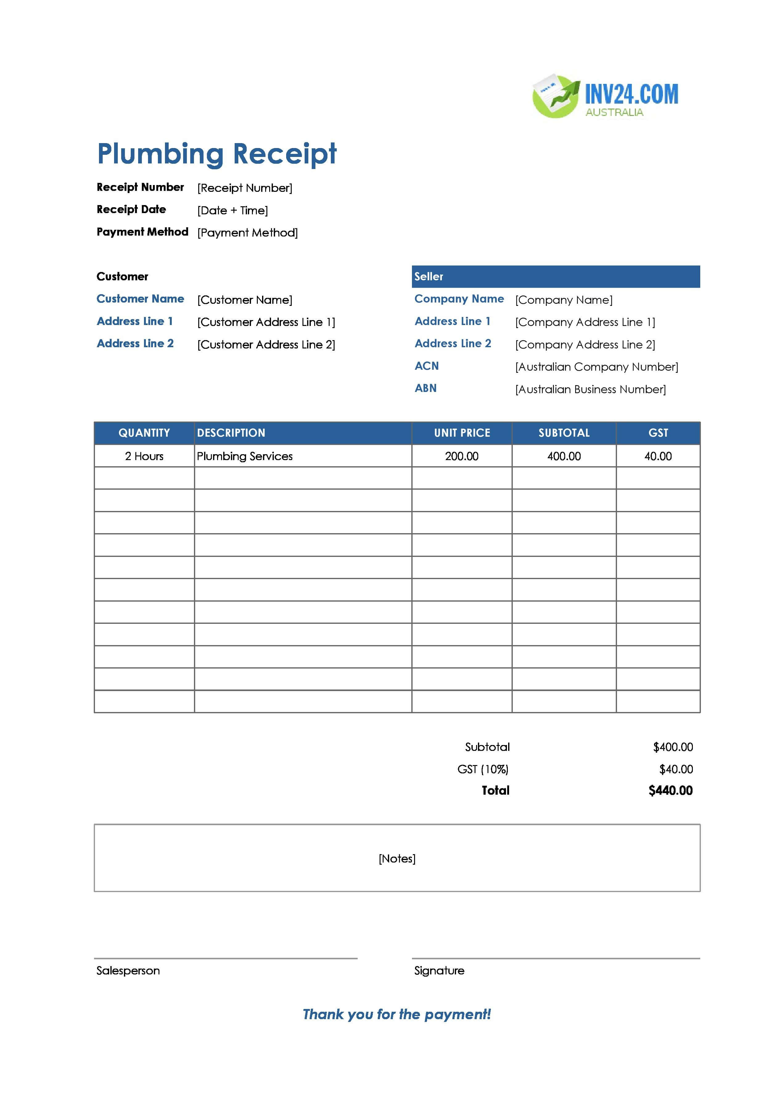 Plumbing Receipt Template for Australia (Excel / Google Sheets)