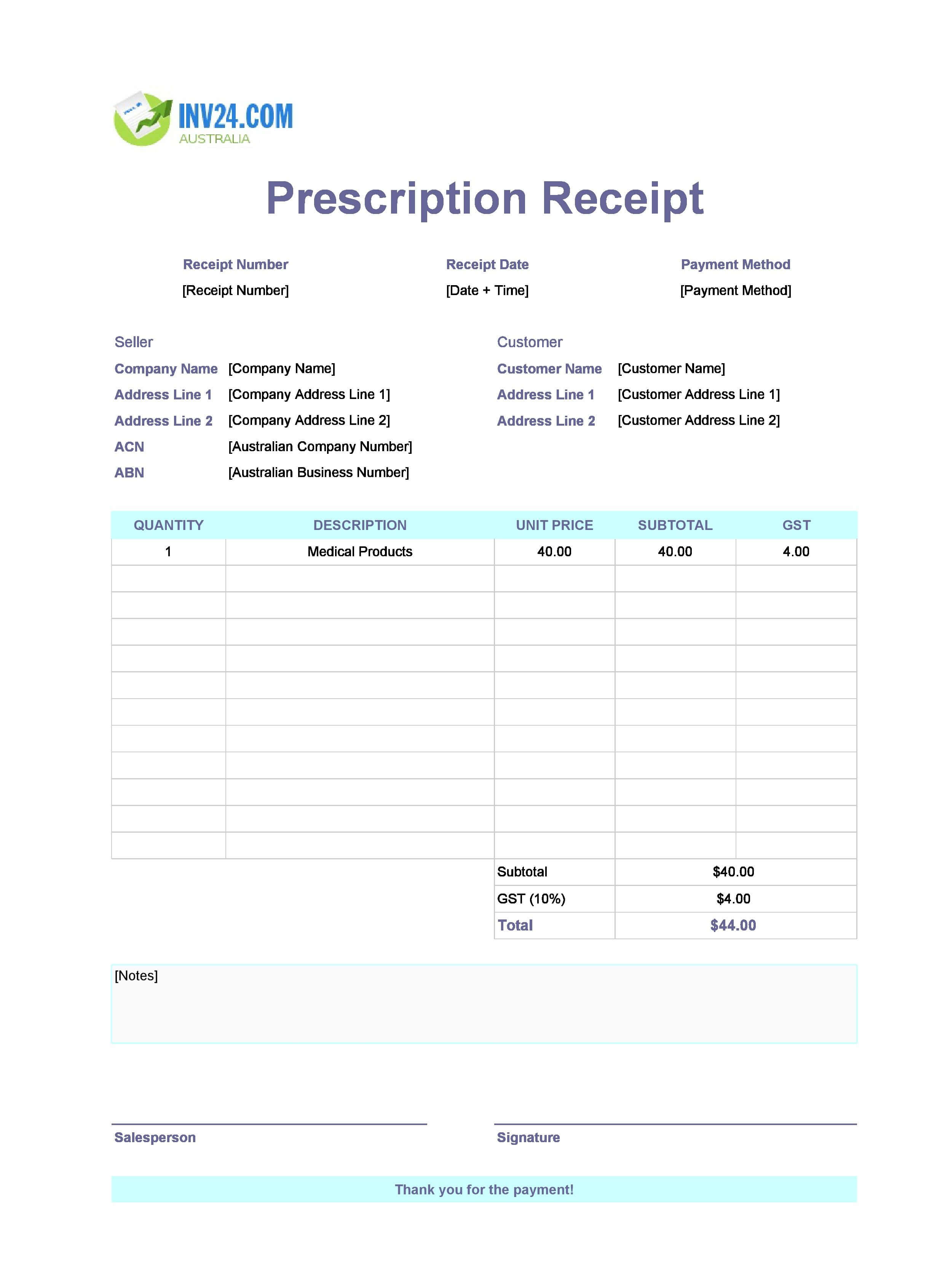 Prescription Receipt Template for Australia (Excel / Google Sheets)