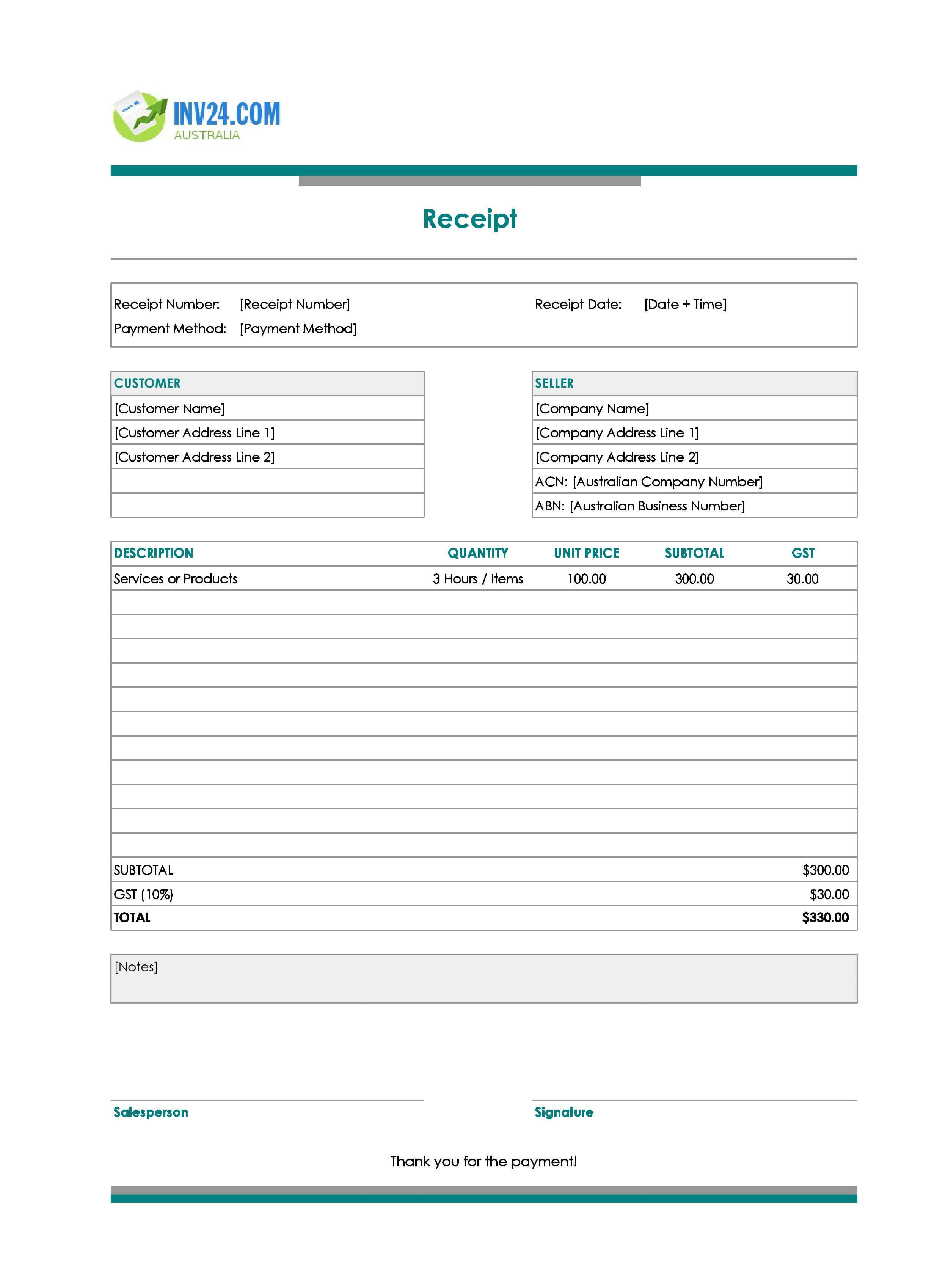 Printable Blank Receipt Template for Australia (Excel / Google Sheets)