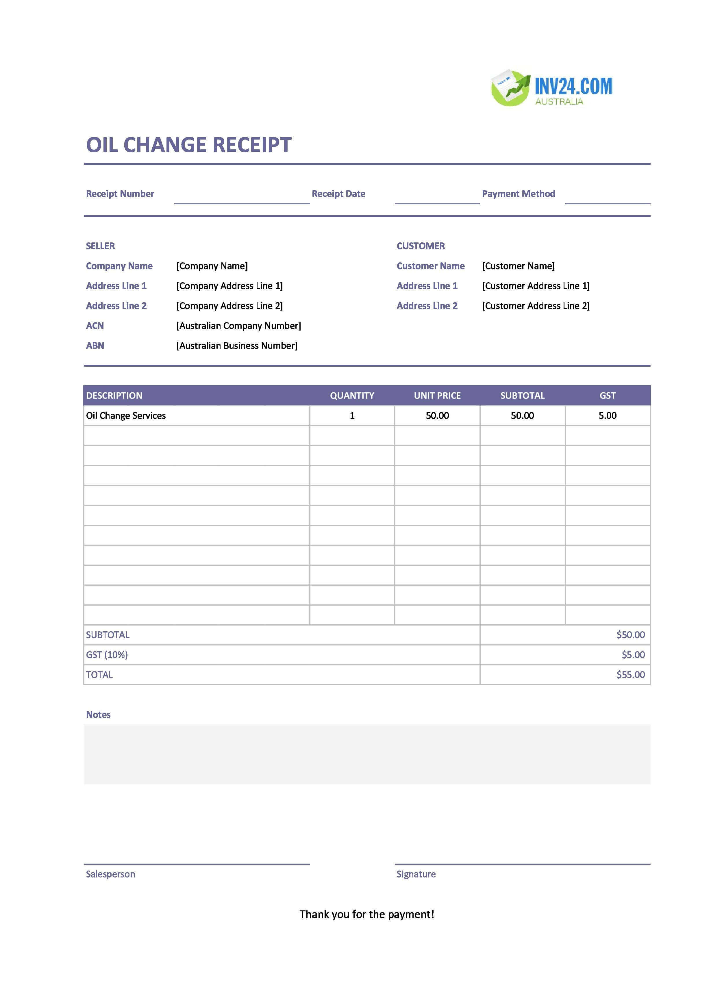 Printable Oil Change Receipt Template for Australia (Excel / Google Sheets)