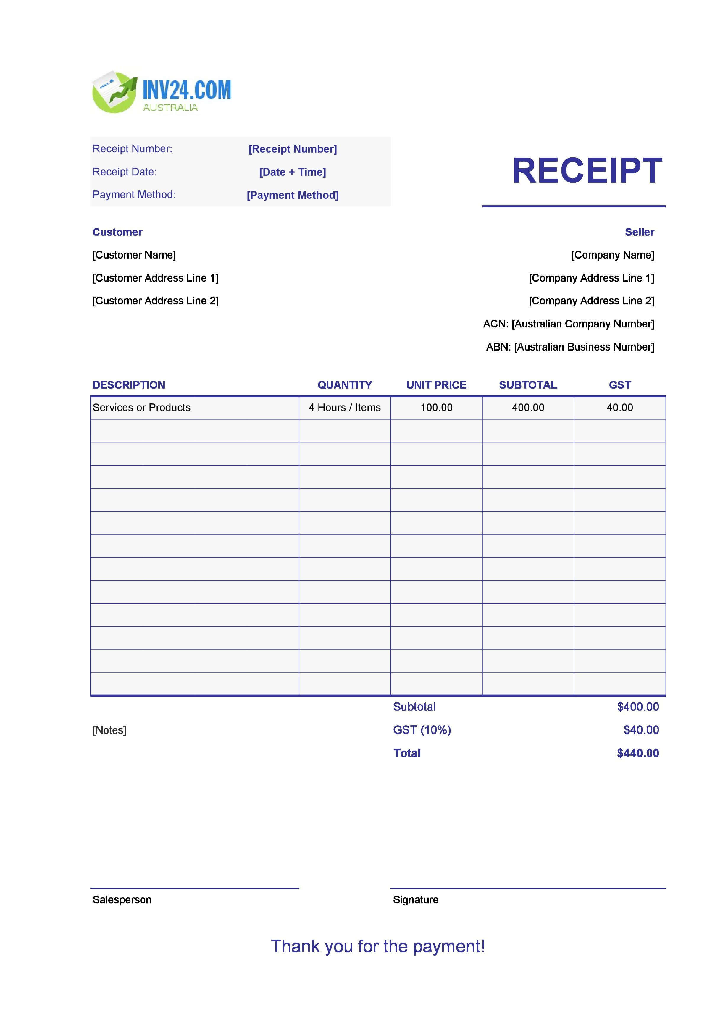 Printable Payment Receipt Template for Australia (Excel / Google Sheets)