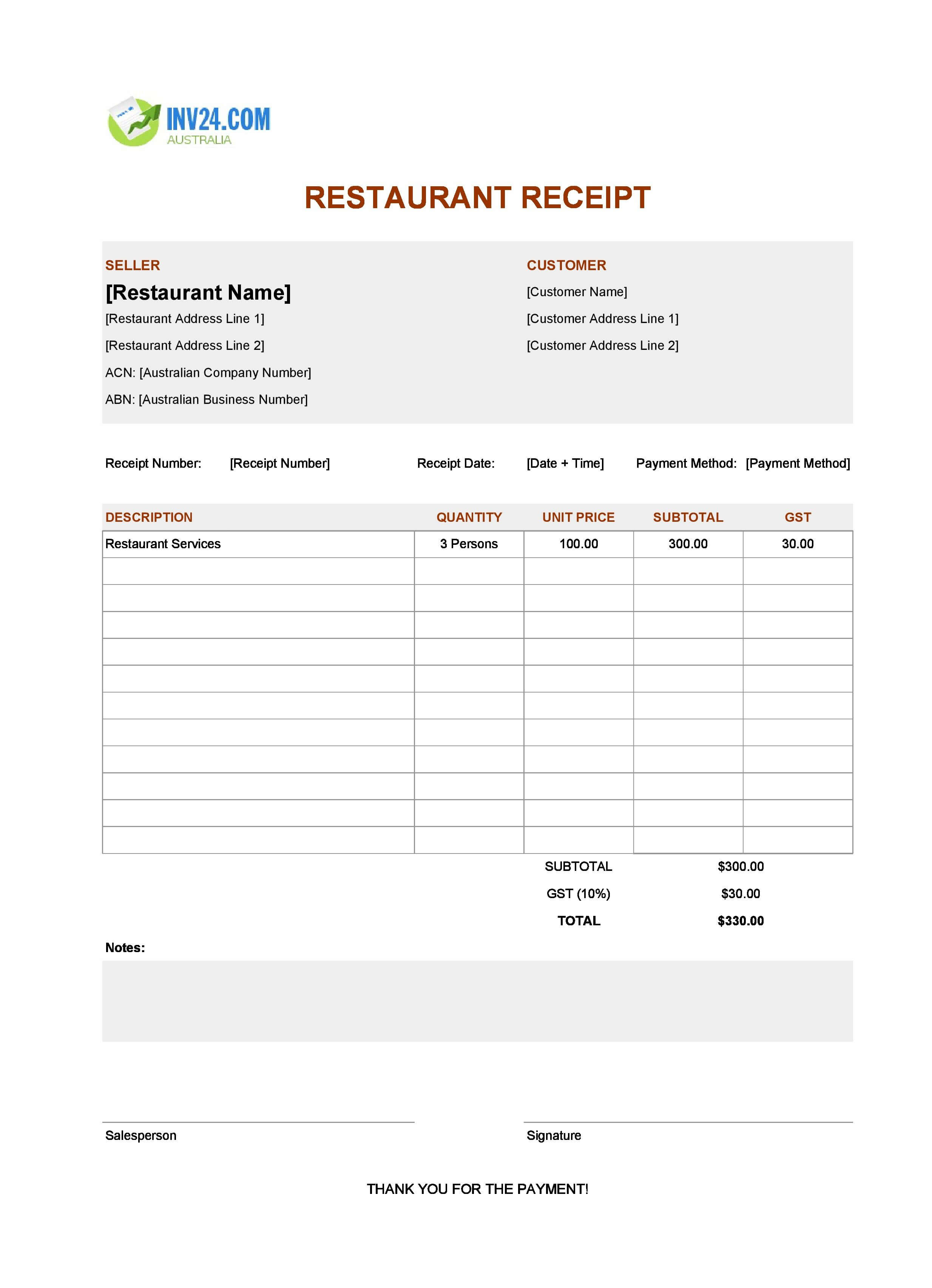 Printable Restaurant Receipt Template for Australia (Excel / Google Sheets)