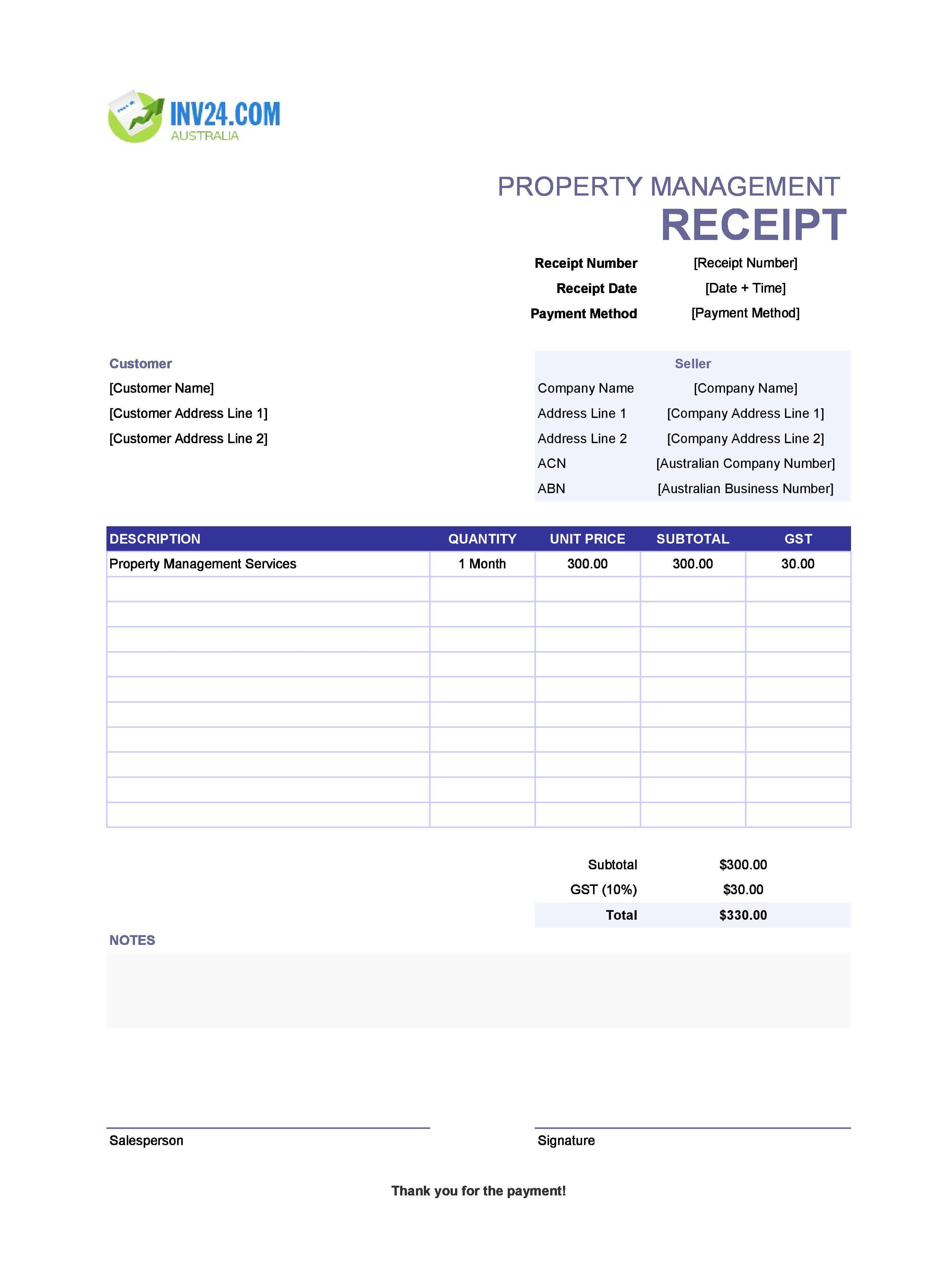 Property Management Receipt Template for Australia (Excel / Google Sheets)