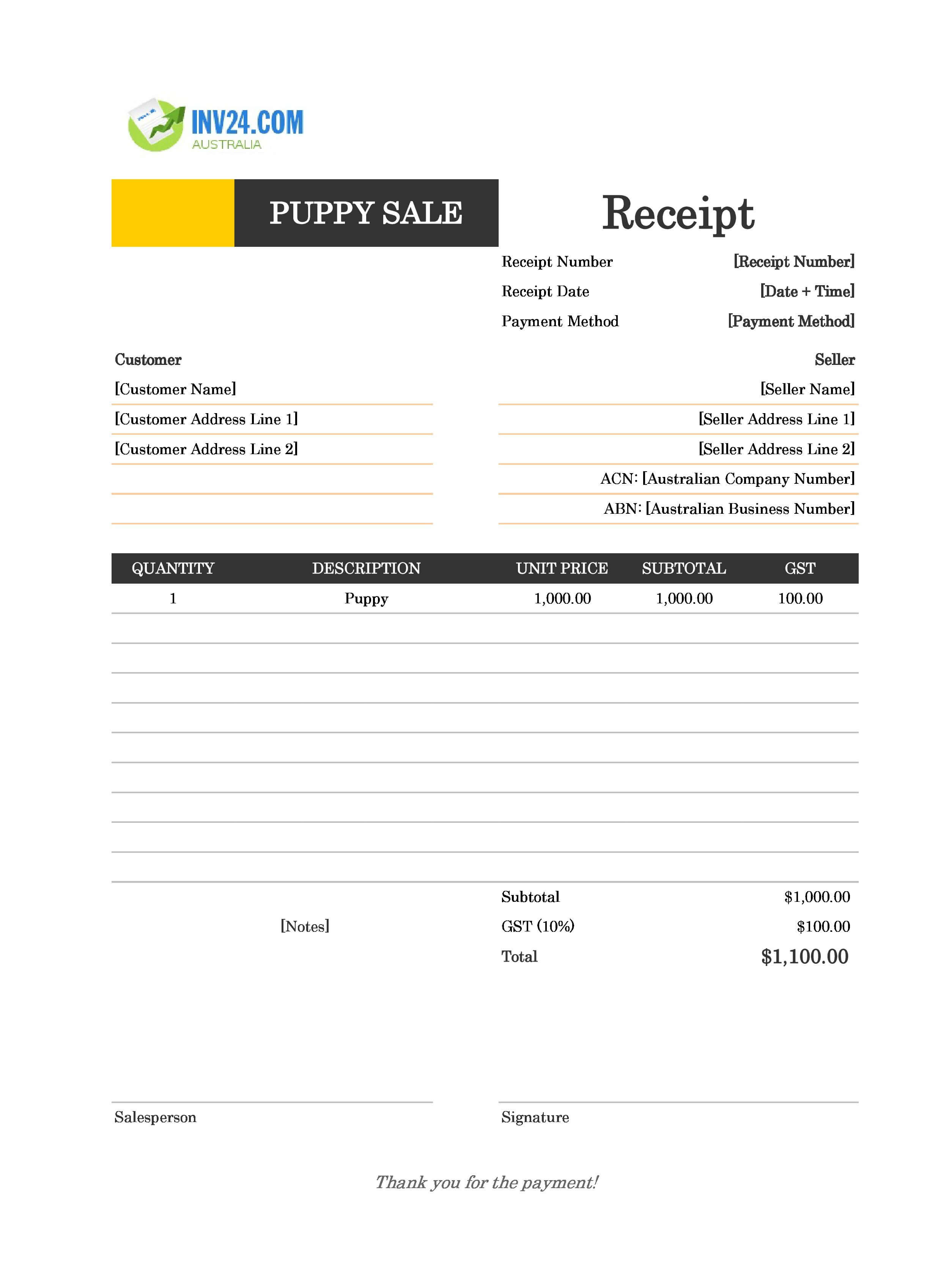 Puppy Sale Receipt Template for Australia (Excel / Google Sheets)