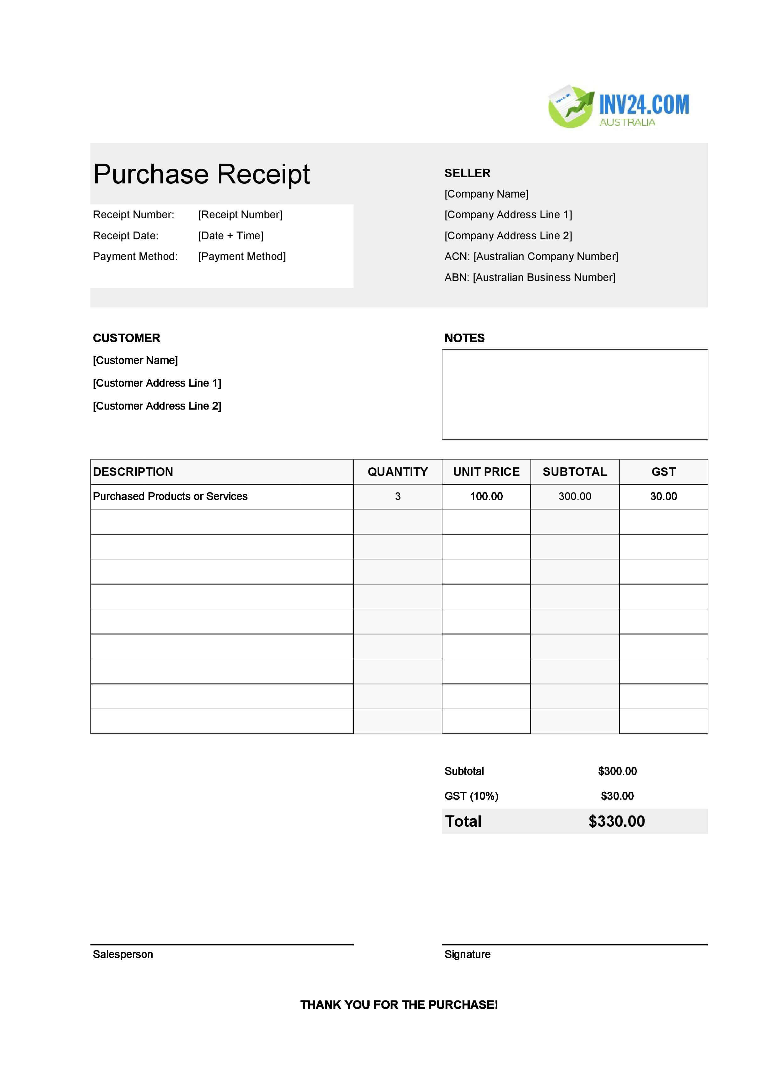 Purchase Receipt Template for Australia (Excel / Google Sheets)