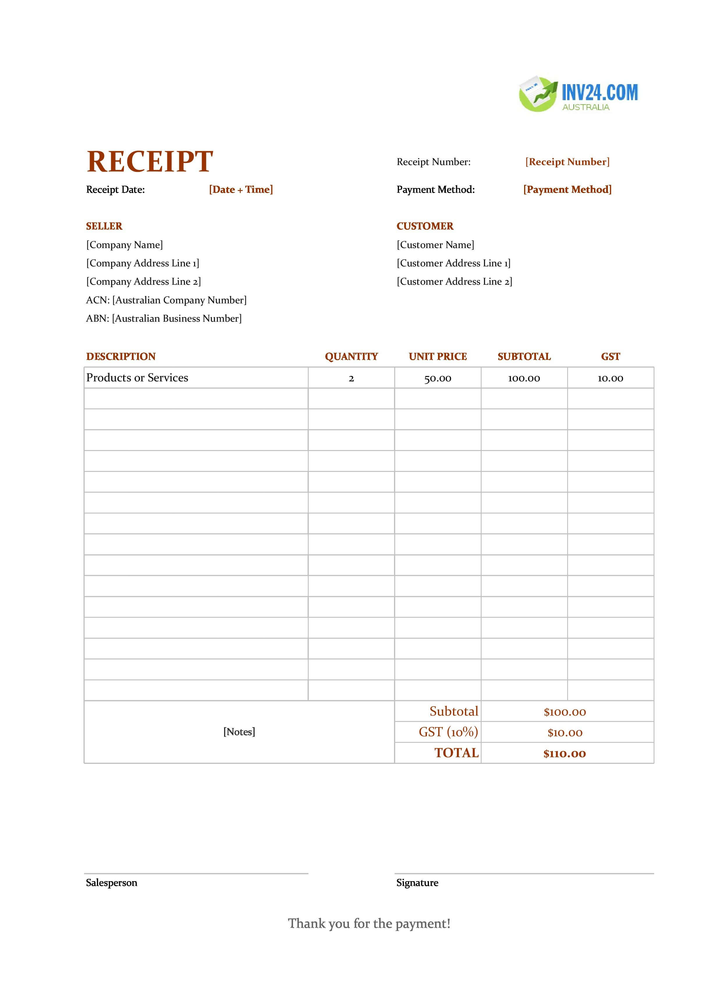 Receipt Example Template for Australia (Excel / Google Sheets)