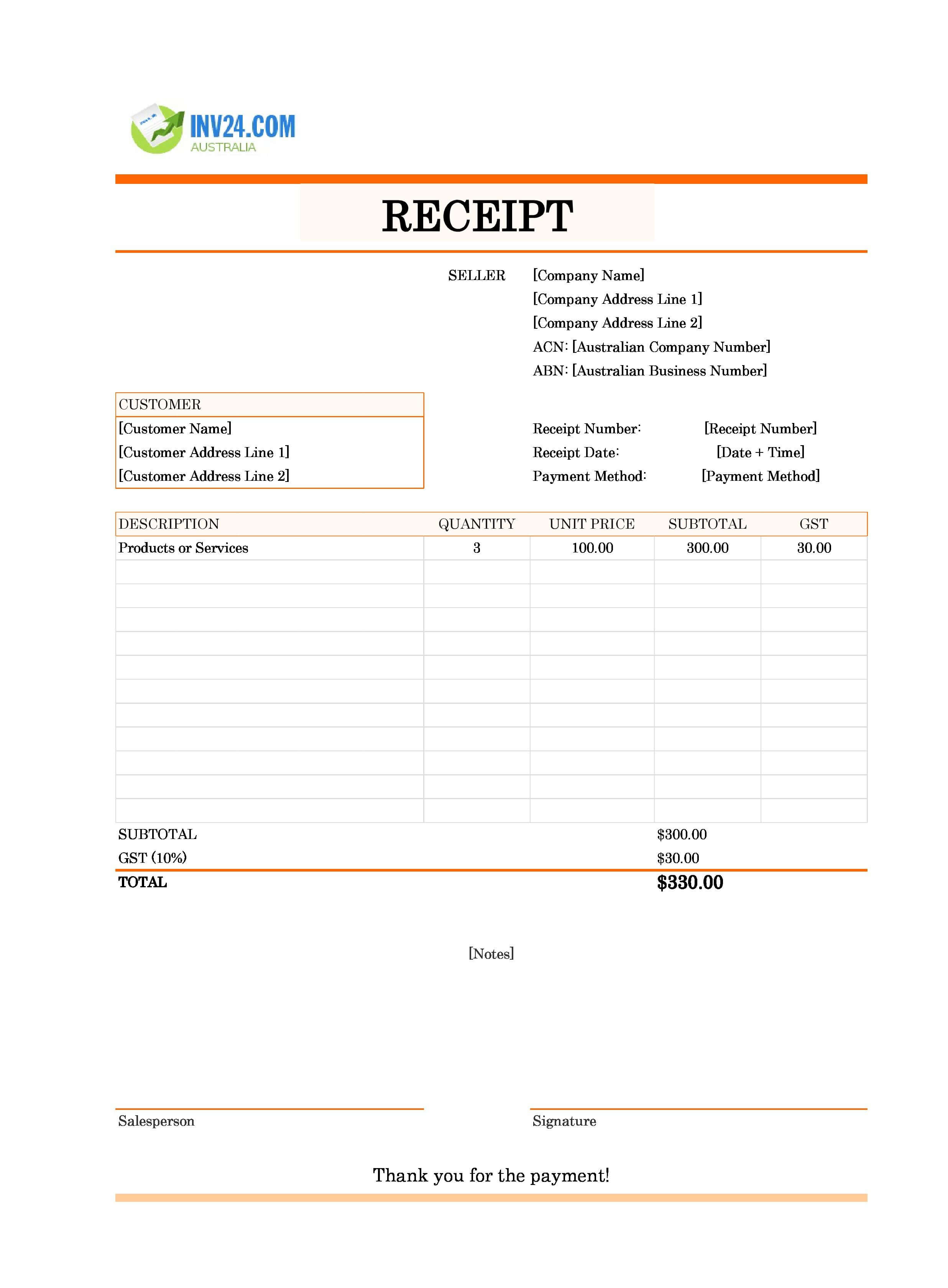 Receipt Format Template for Australia (Excel / Google Sheets)
