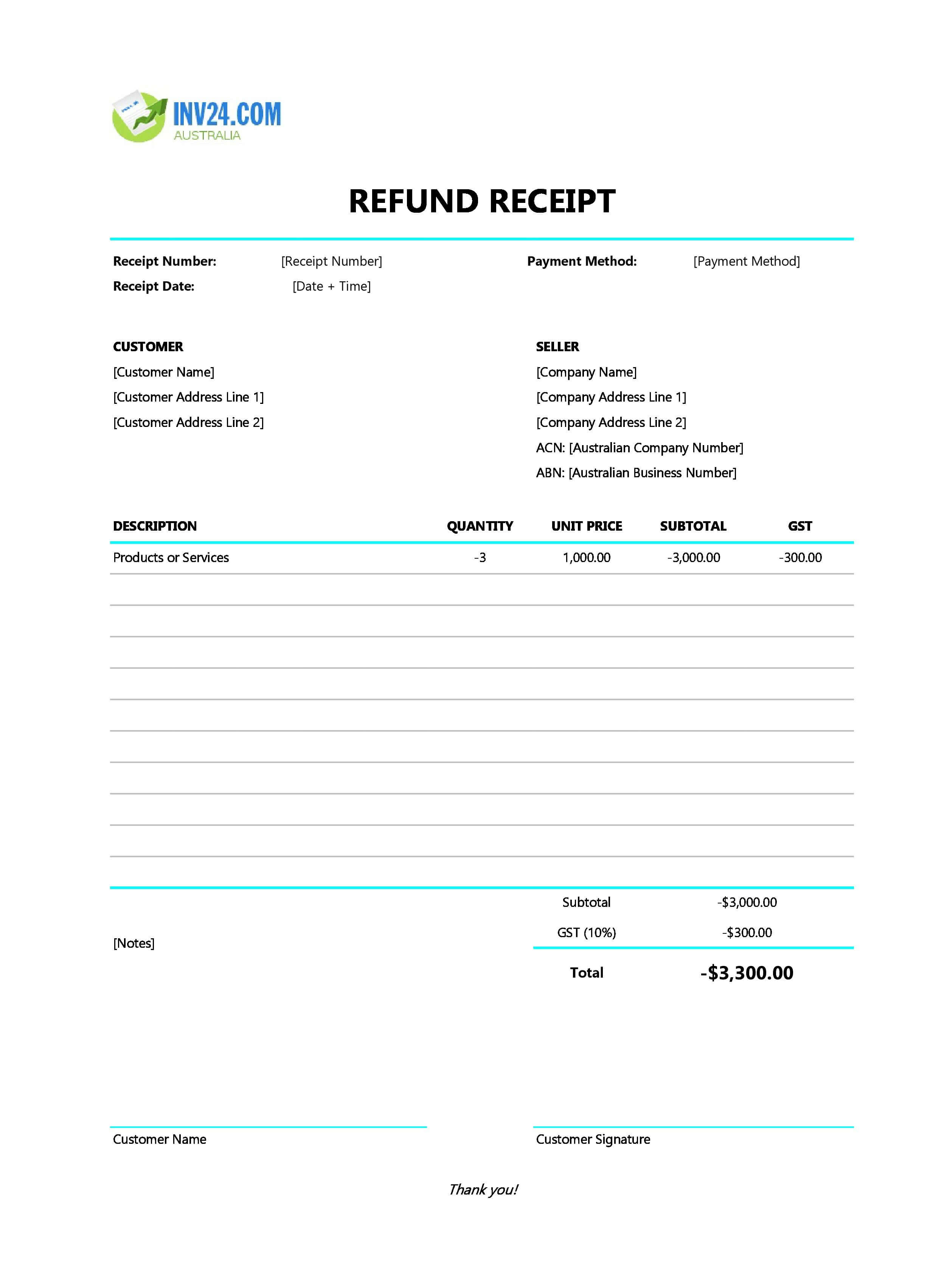 Refund Receipt Template for Australia (Excel / Google Sheets)