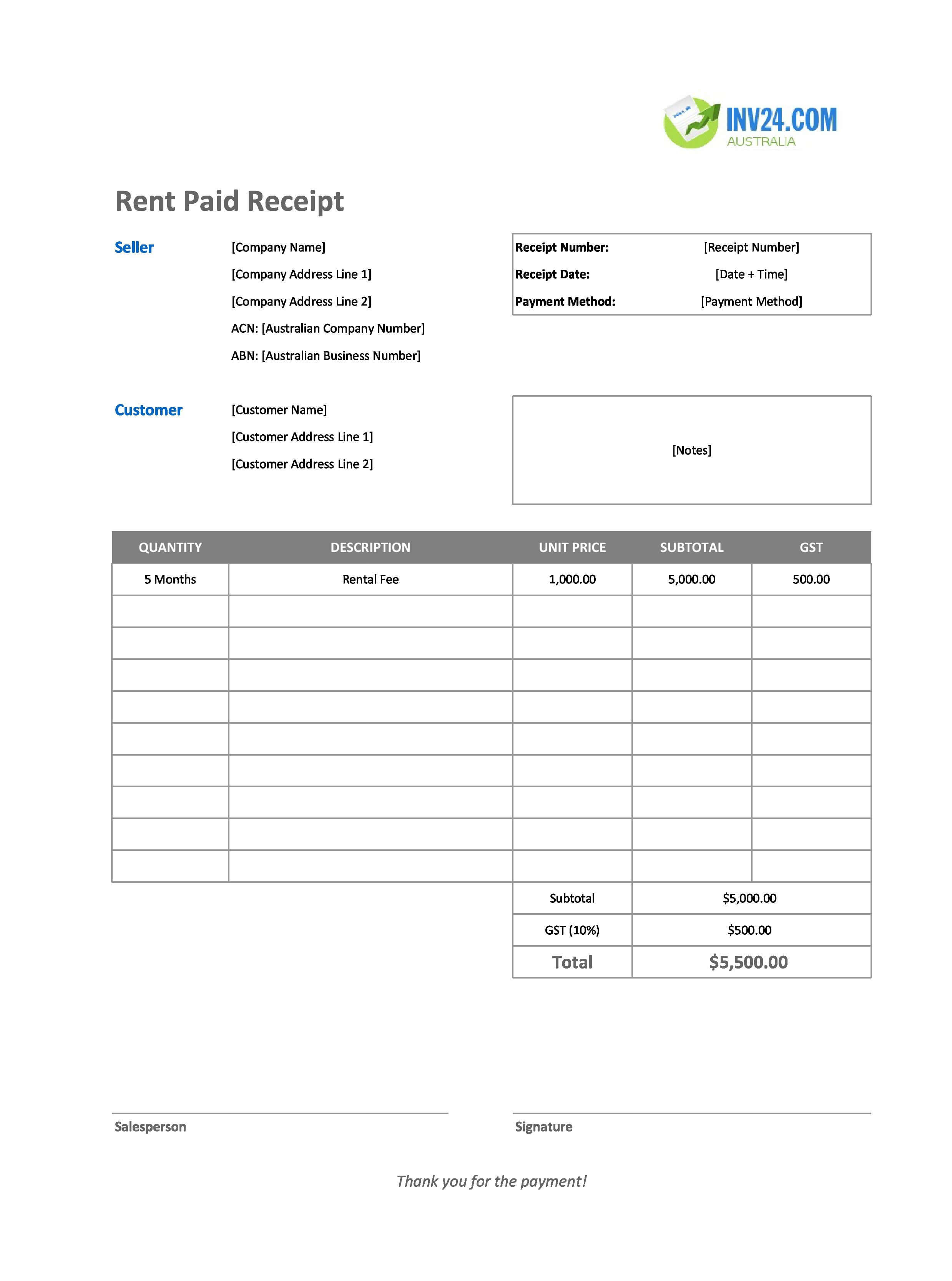 Rent Paid Receipt Template for Australia (Excel / Google Sheets)