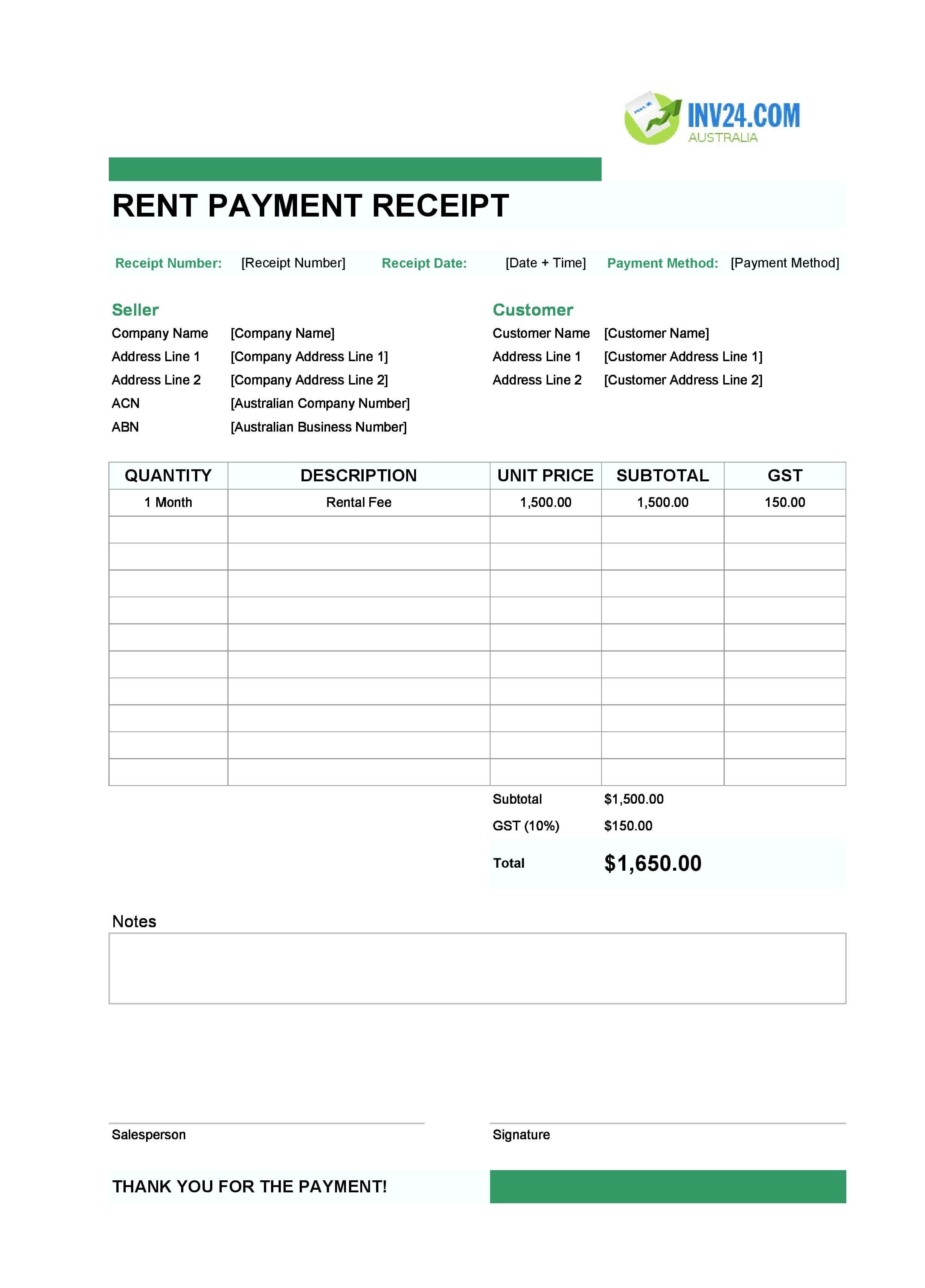 Rent Payment Receipt Template for Australia (Excel / Google Sheets)