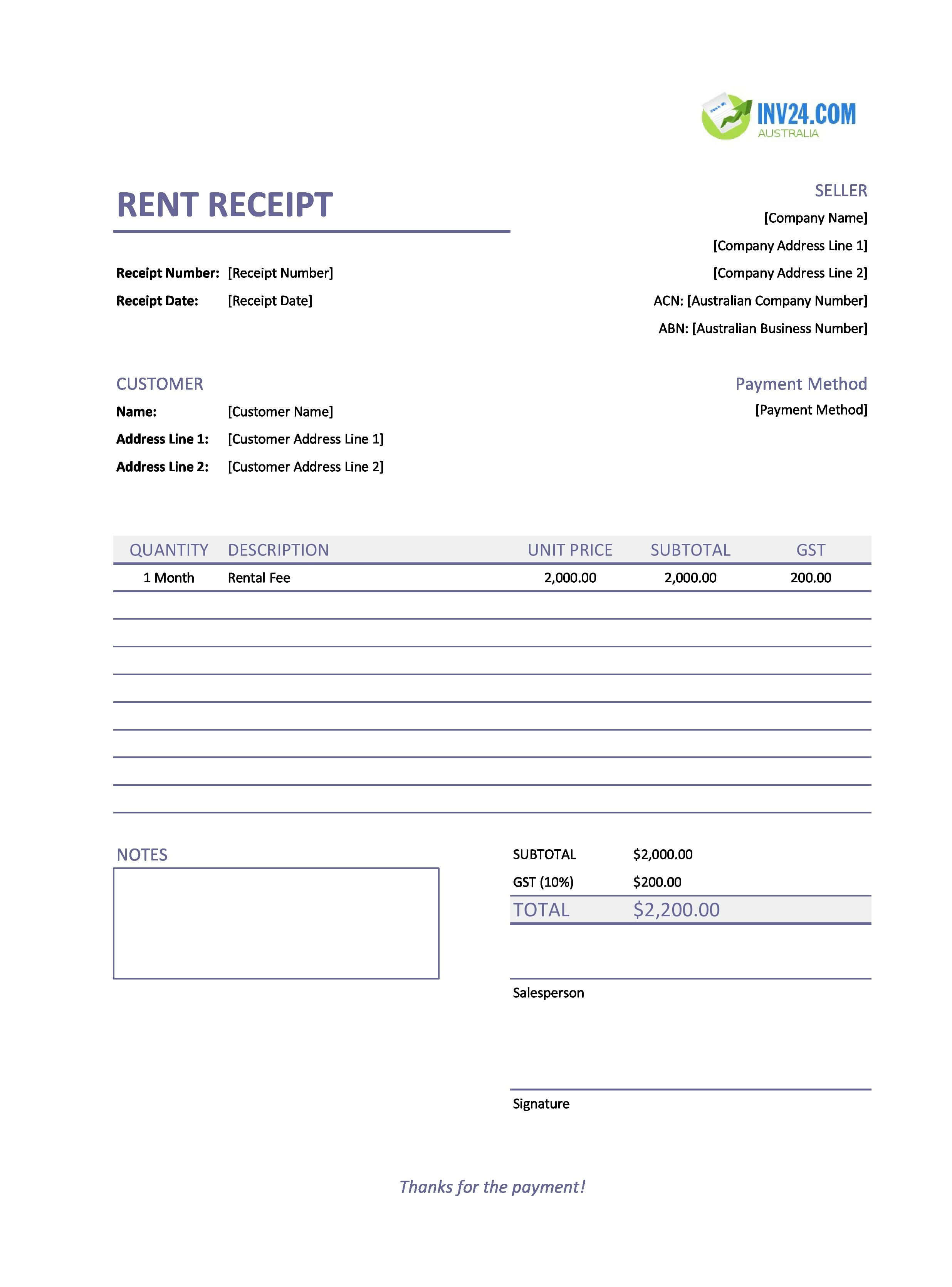 Rent Receipt Template for Australia (Excel / Google Sheets)