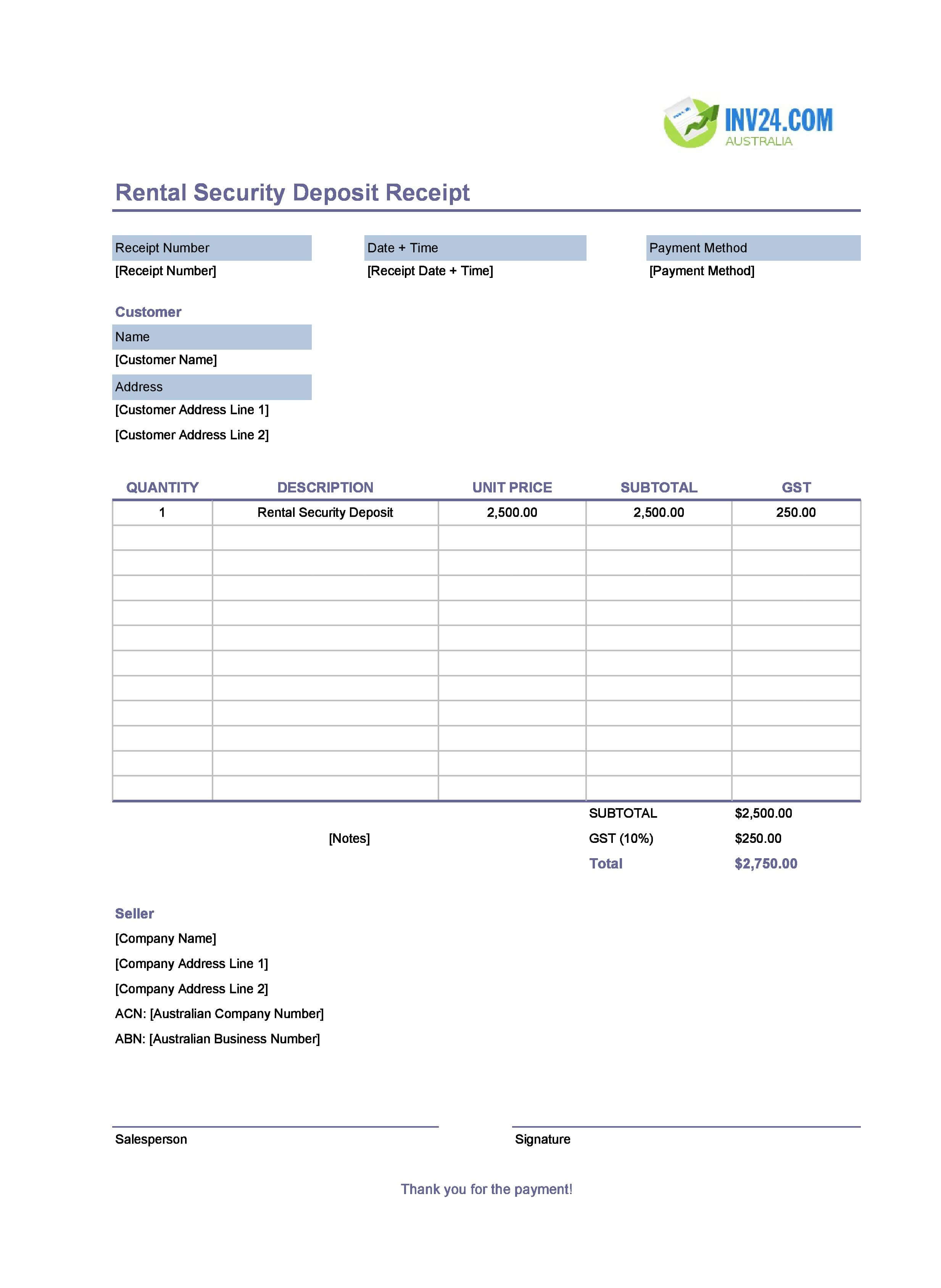 Rental Security Deposit Receipt Template for Australia (Excel / Google Sheets)