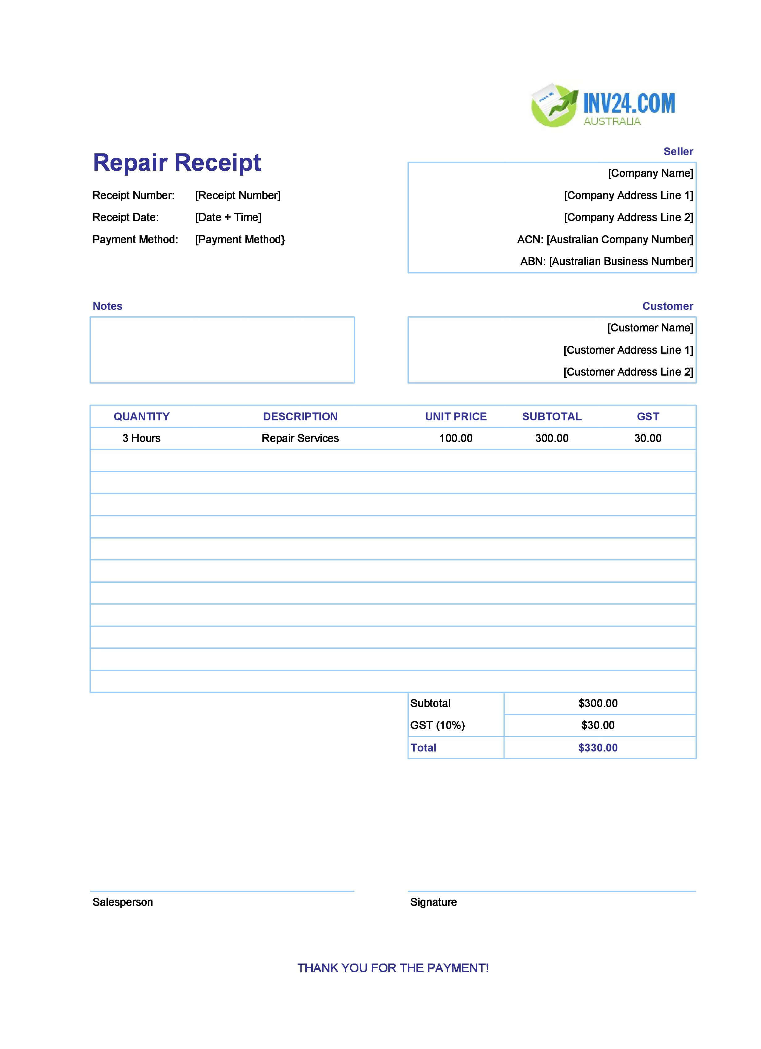 Repair Receipt Template for Australia (Excel / Google Sheets)
