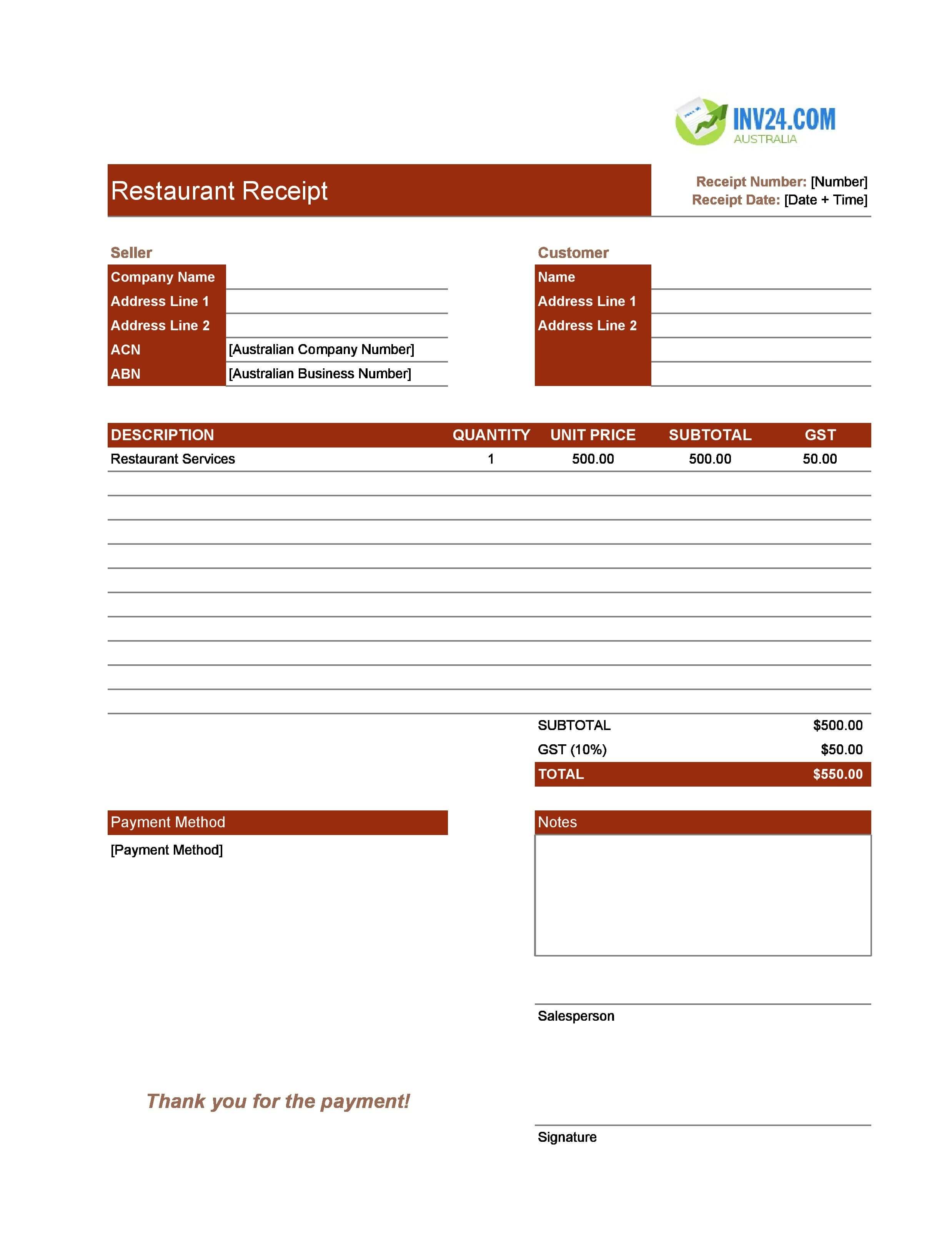 Restaurant Receipt Template for Australia (Excel / Google Sheets)