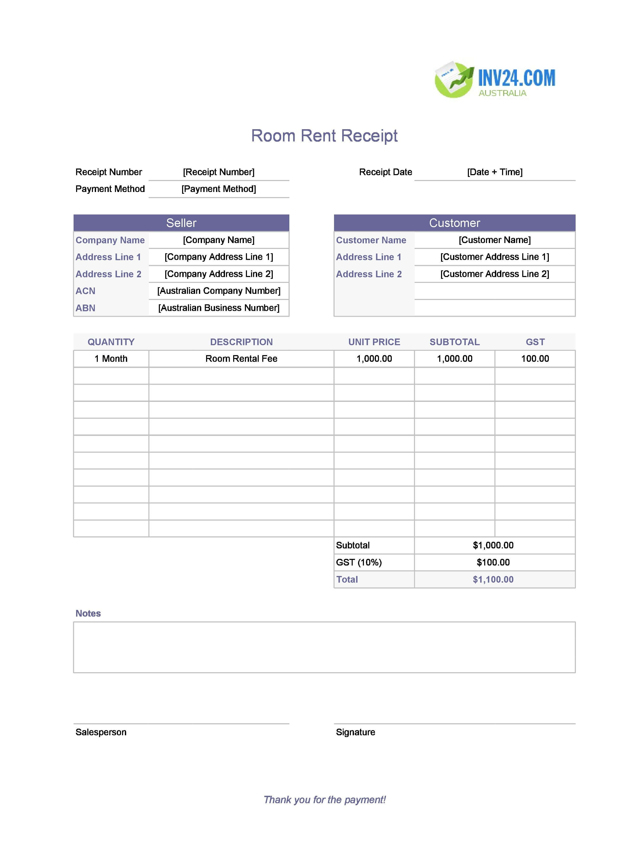 Room Rent Receipt Template for Australia (Excel / Google Sheets)