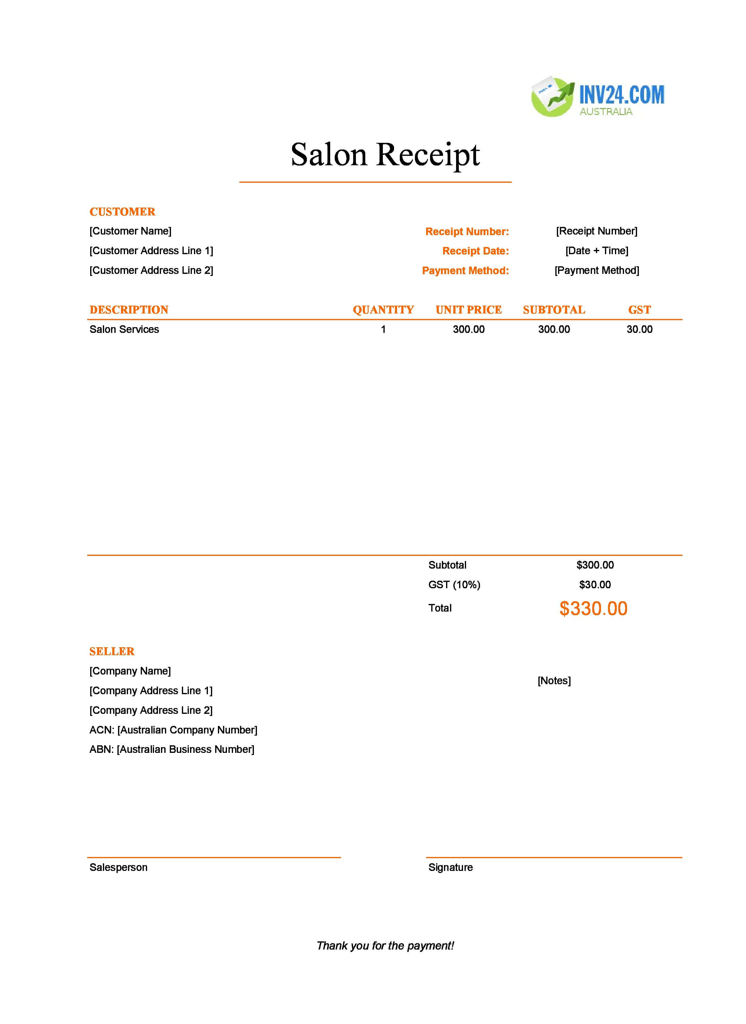 Salon Receipt Template for Australia (Excel / Google Sheets)