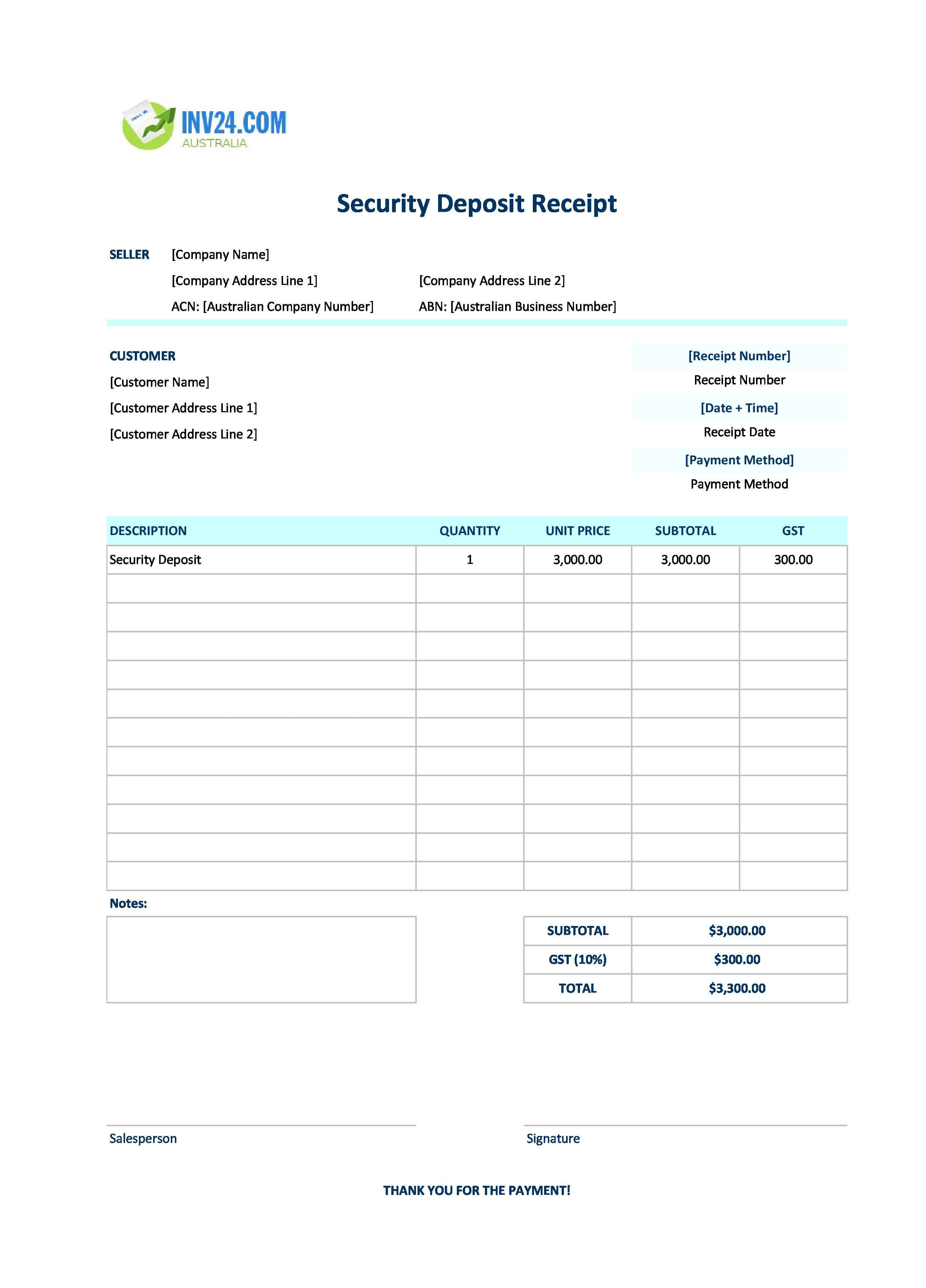 Security Deposit Receipt Template for Australia (Excel / Google Sheets)