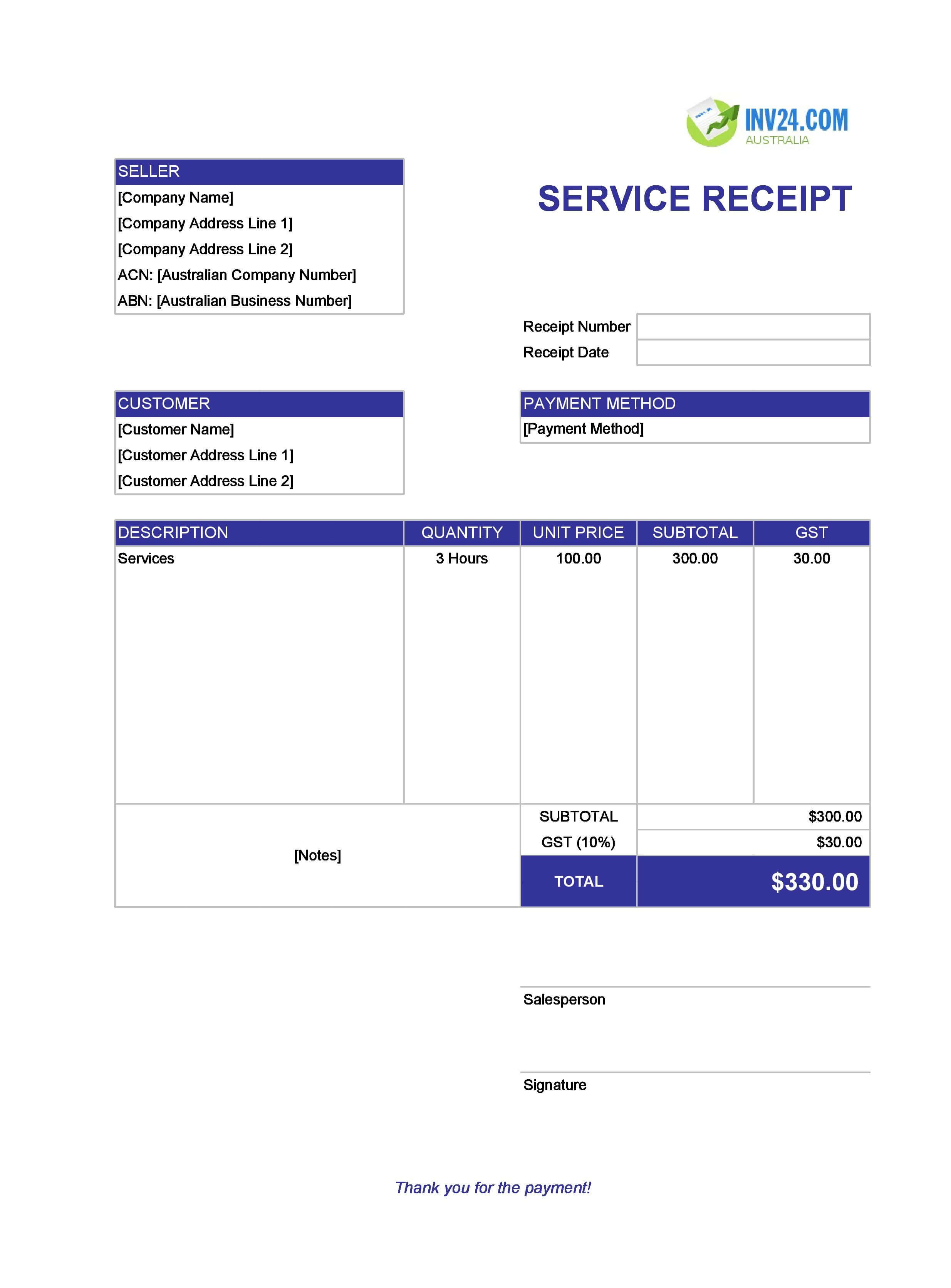 Service Receipt Template for Australia (Excel / Google Sheets)