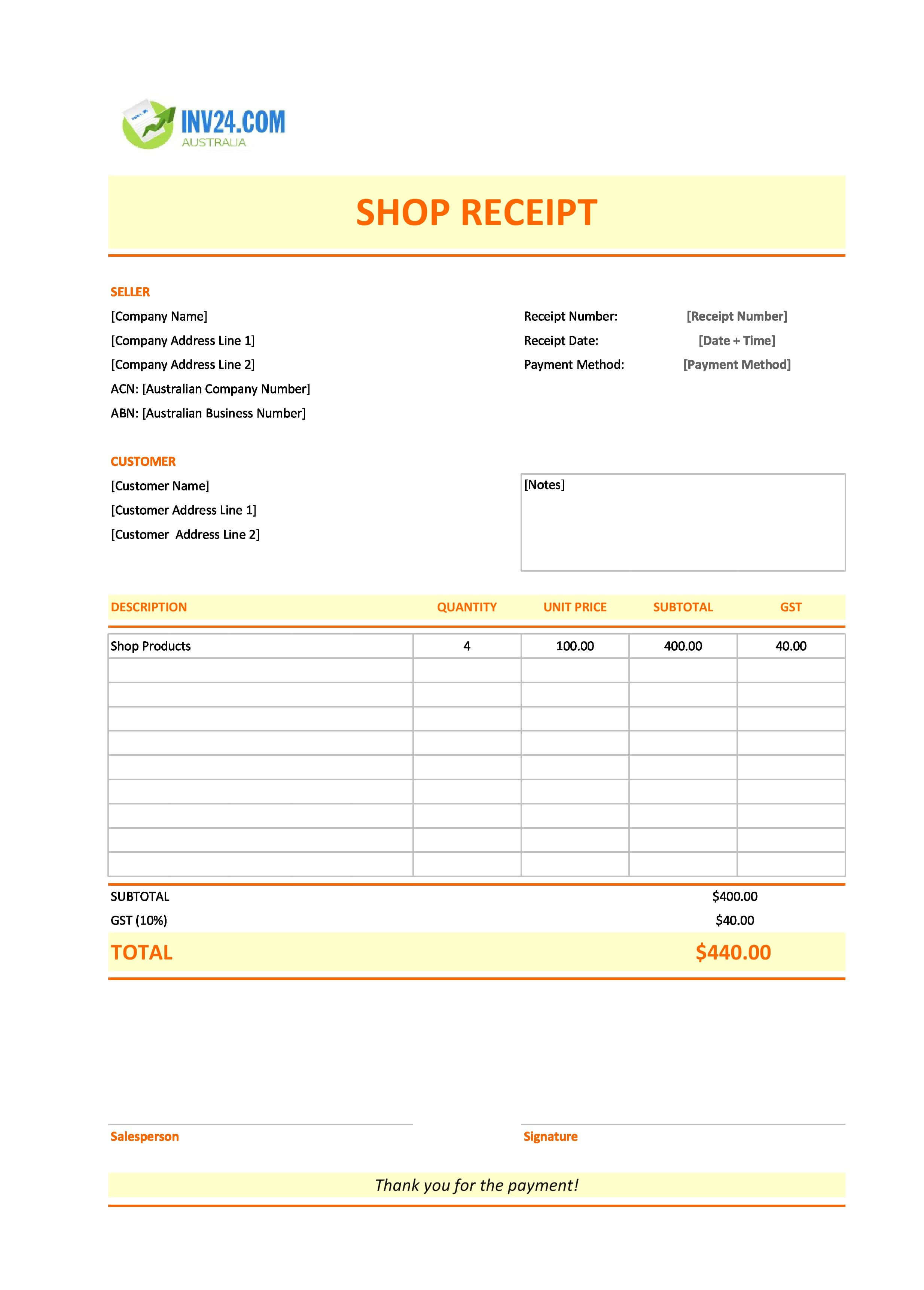 Shop Receipt Template for Australia (Excel / Google Sheets)