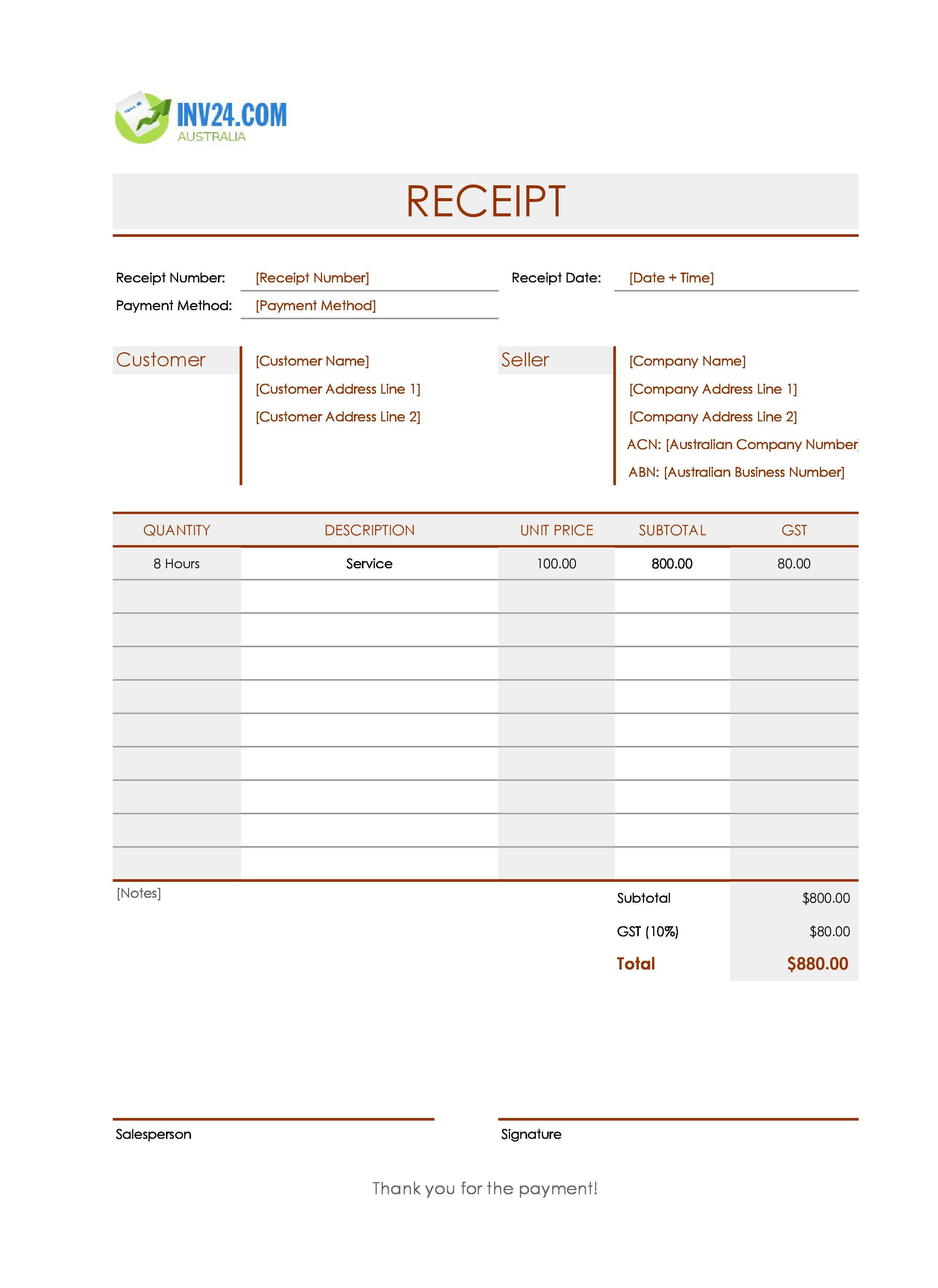 Simple Receipt Template for Australia (Excel / Google Sheets)