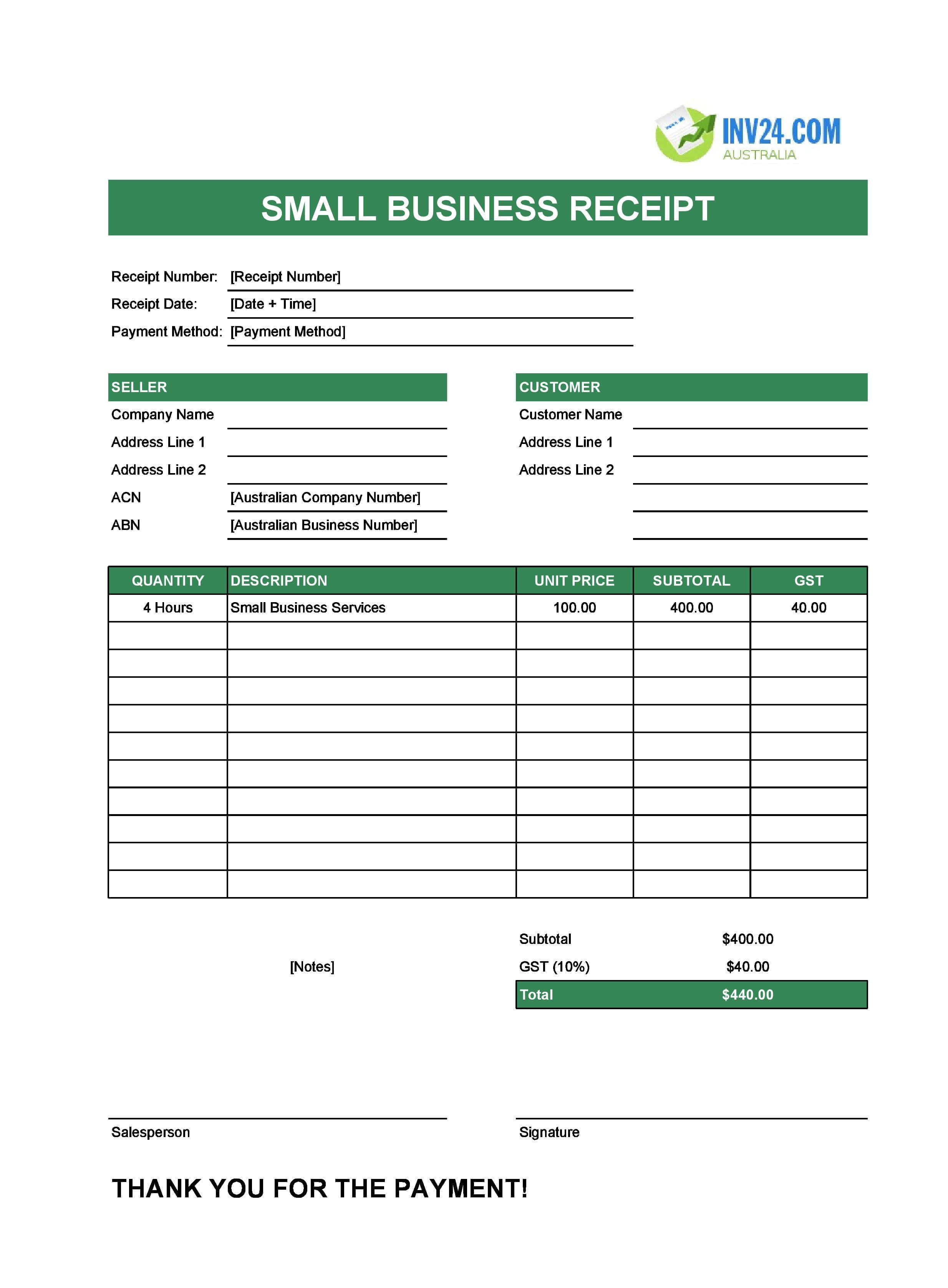 Small Business Receipt Template for Australia (Excel / Google Sheets)