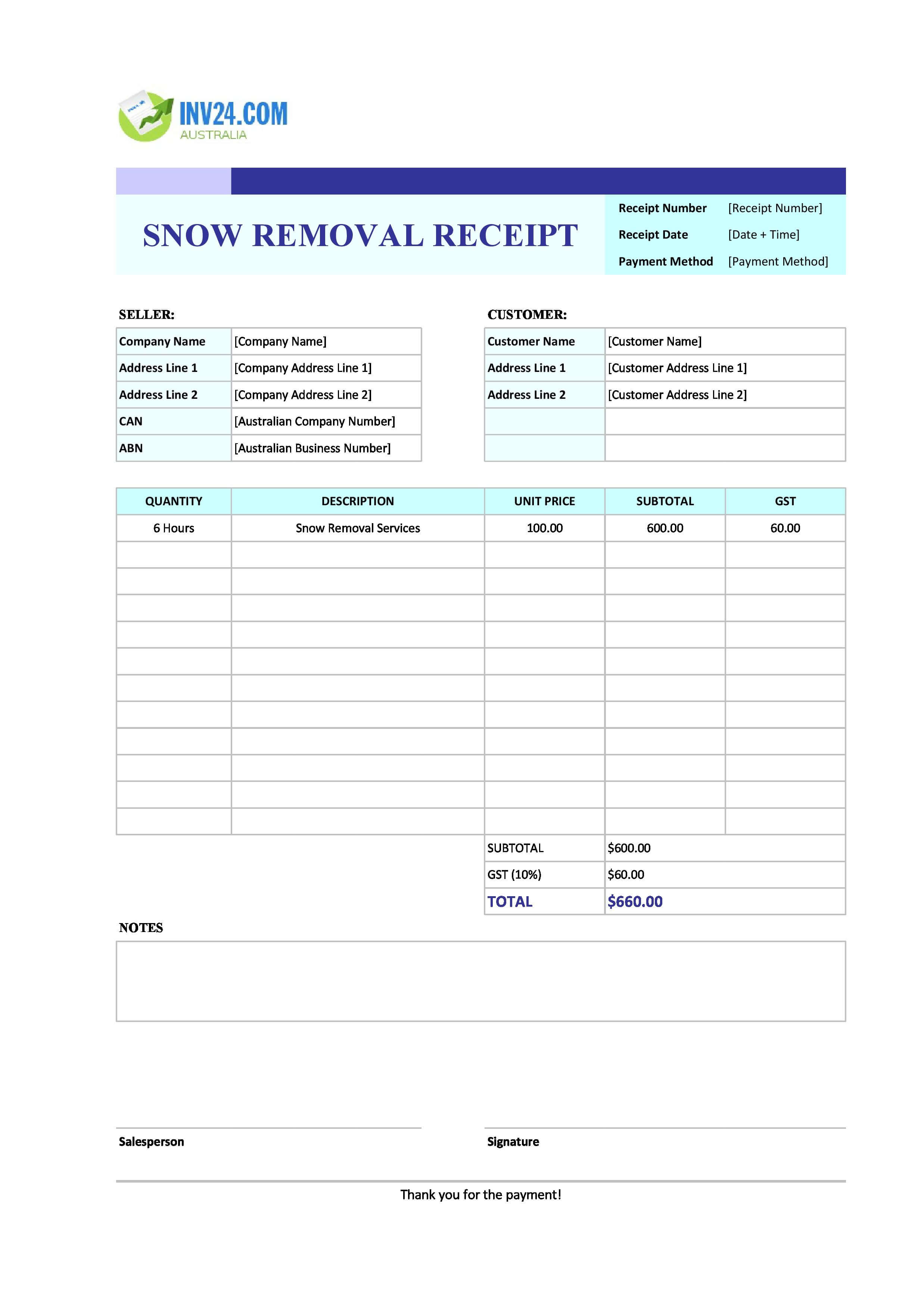 Snow Removal Receipt Template for Australia (Excel / Google Sheets)