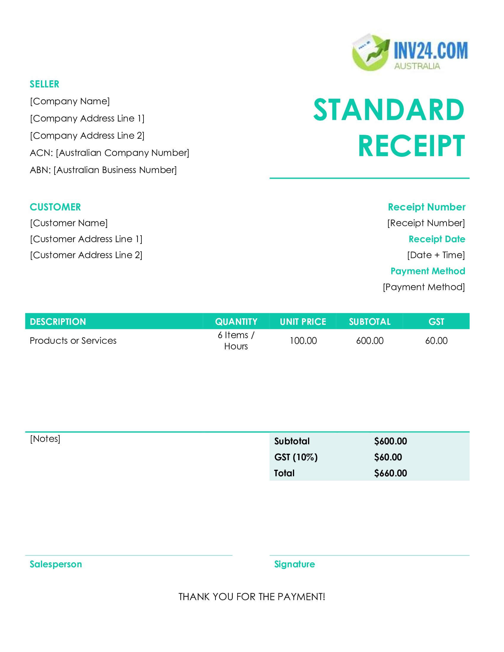 Standard Receipt Template for Australia (Word / Google Docs)