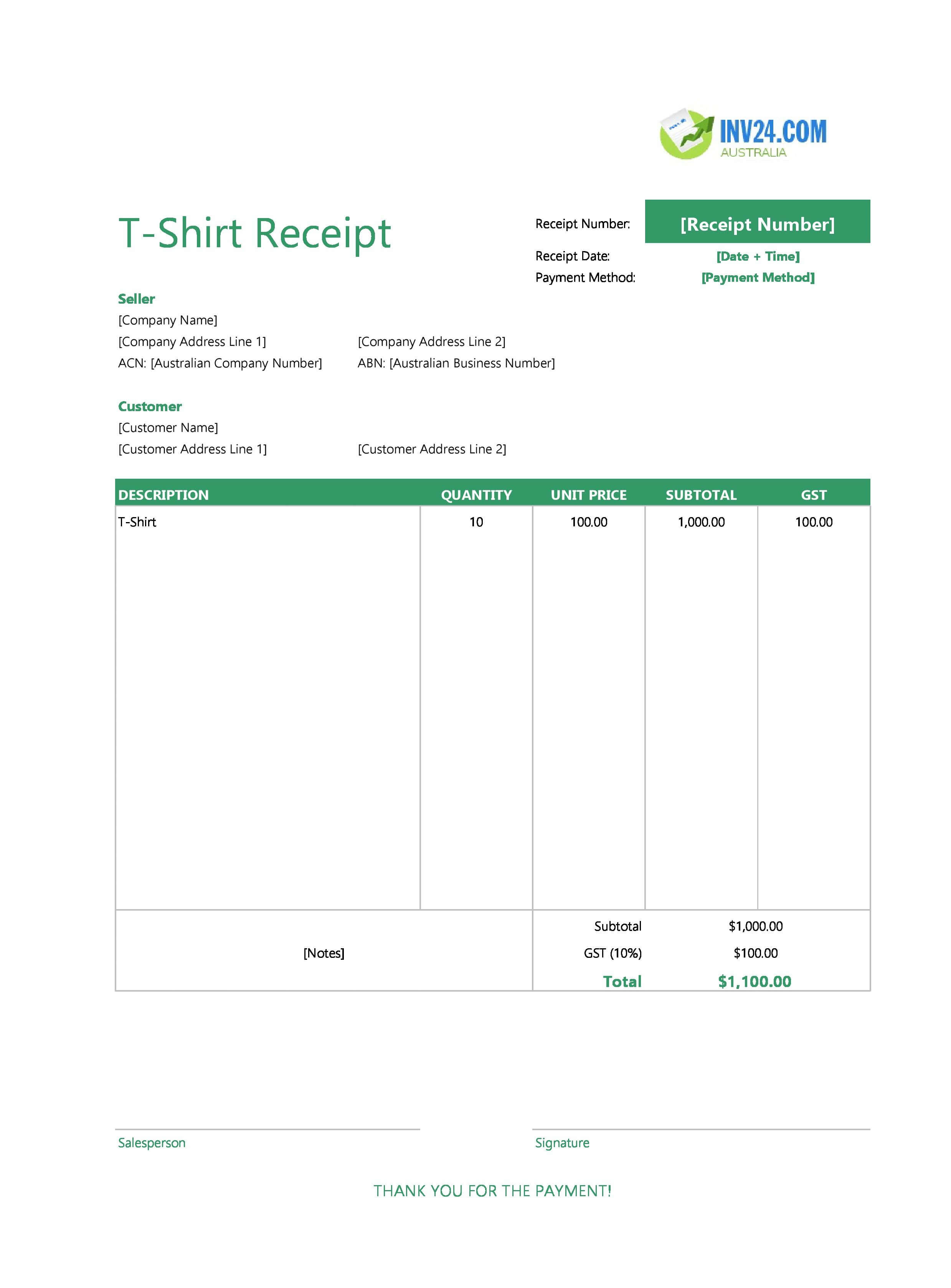 T-Shirt Receipt Template for Australia (Excel / Google Sheets)