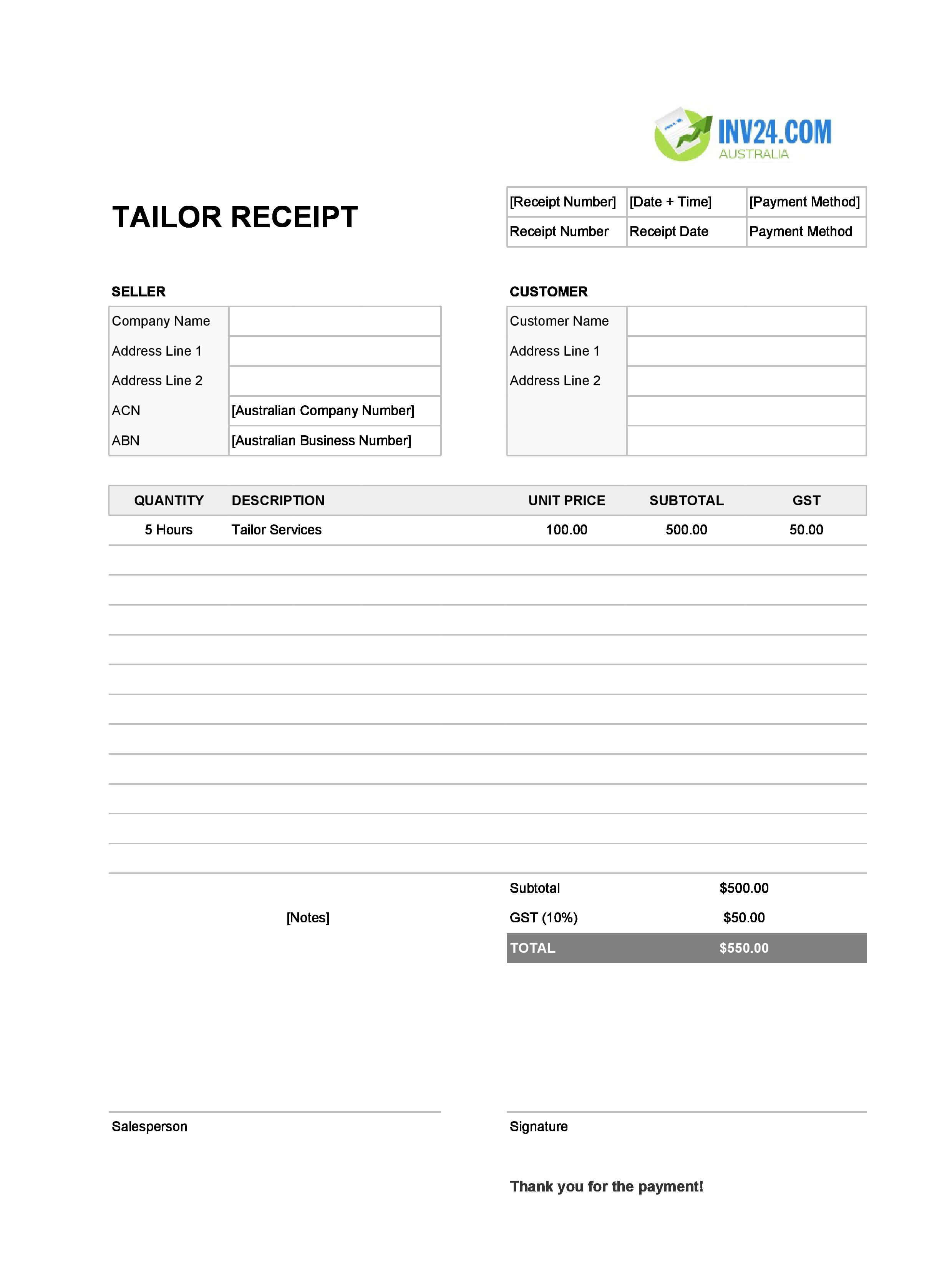Tailor Receipt Template for Australia (Excel / Google Sheets)