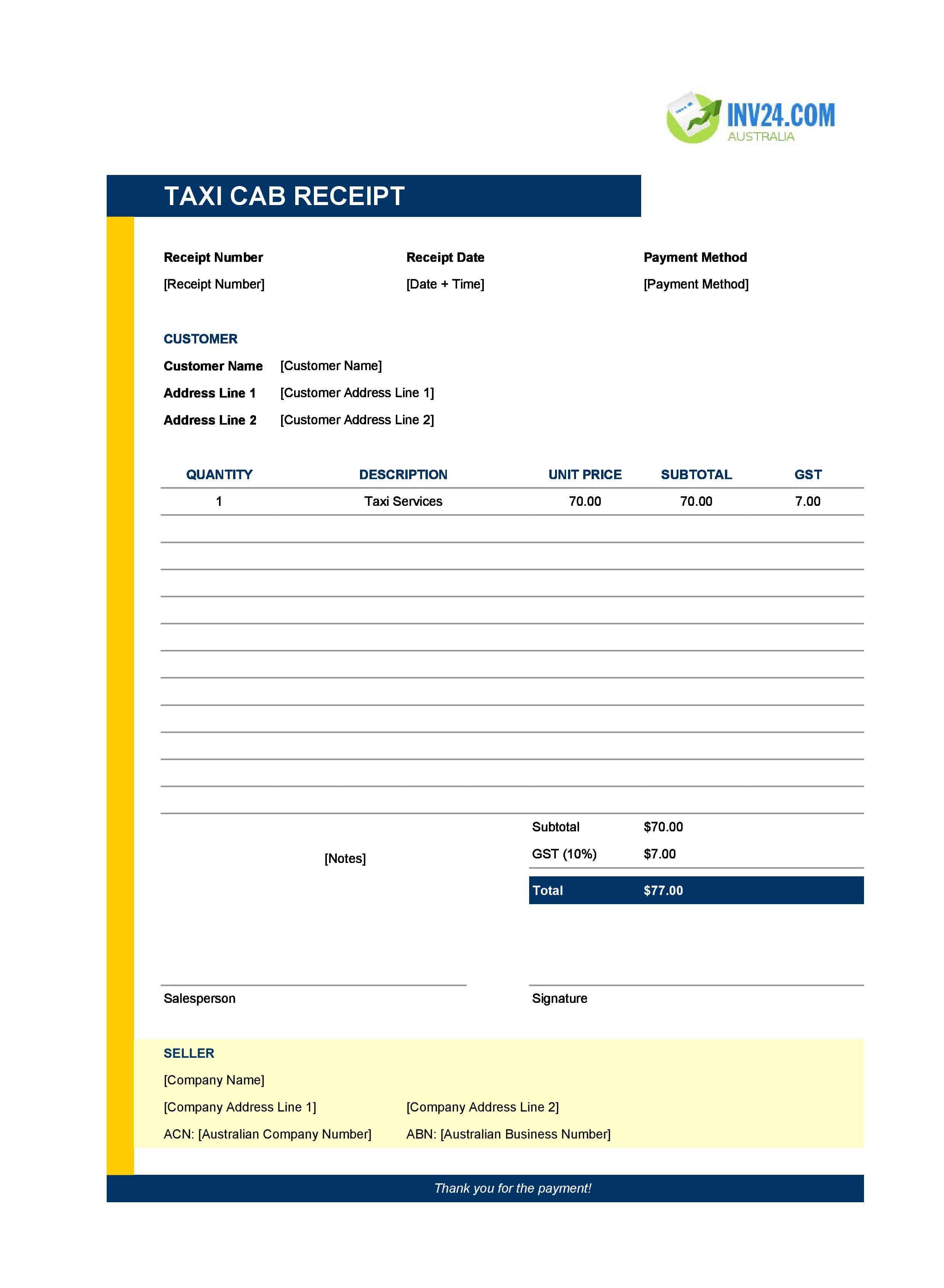 Taxi Cab Receipt Template for Australia (Excel / Google Sheets)