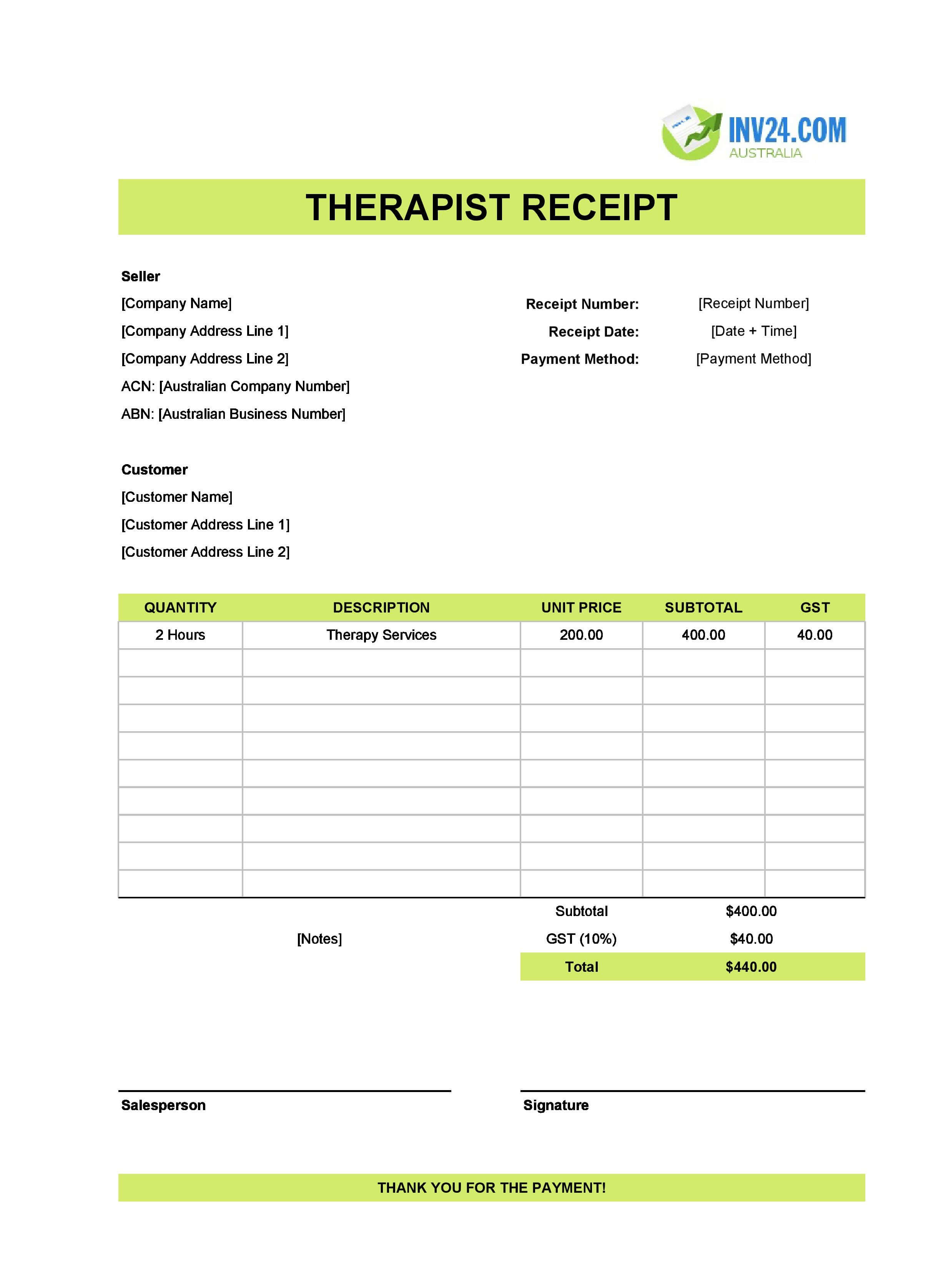 Therapist Receipt Template for Australia (Excel / Google Sheets)