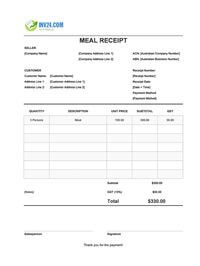 meal receipt template australia
