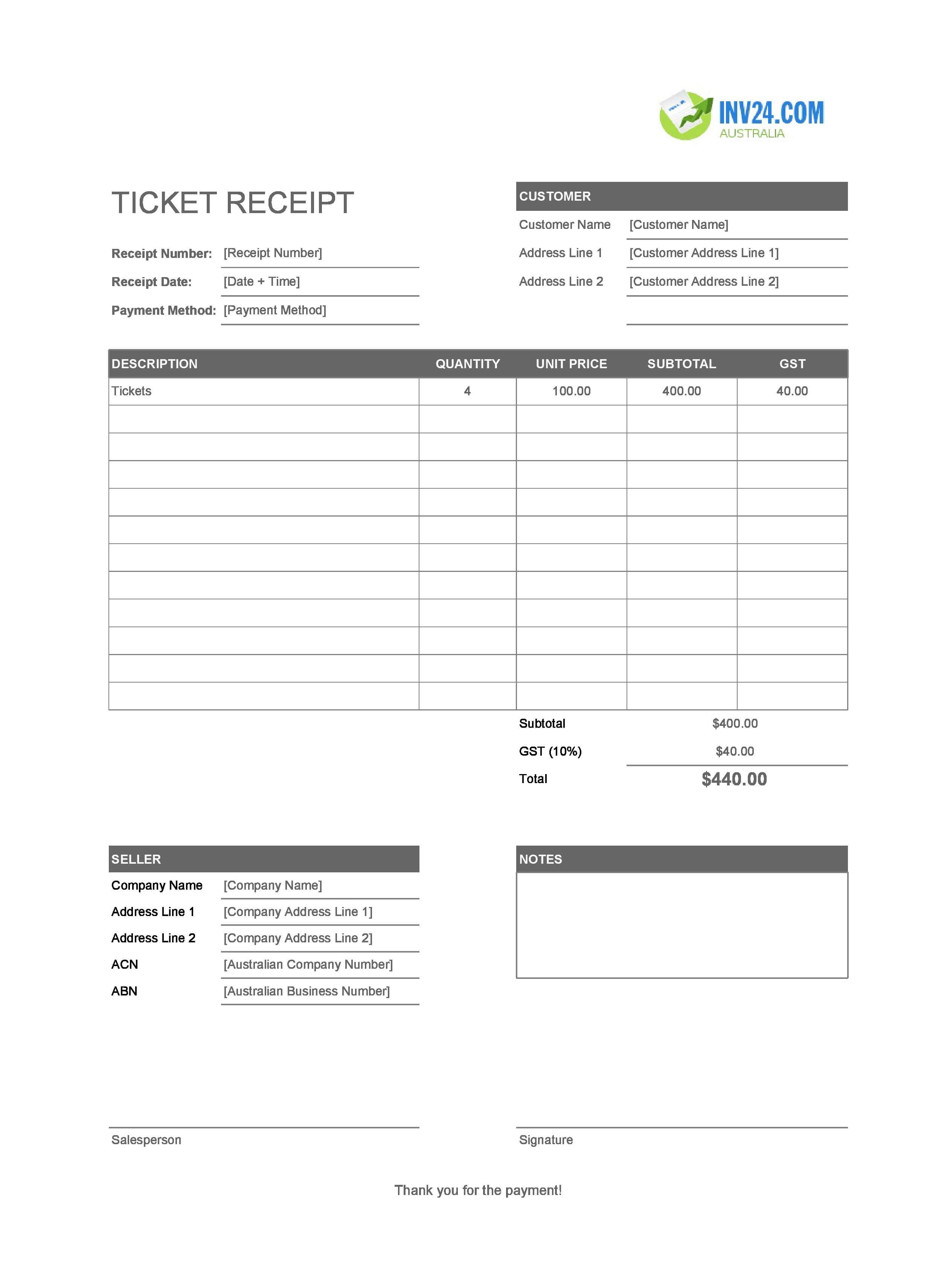 Ticket Receipt Template for Australia (Excel / Google Sheets)