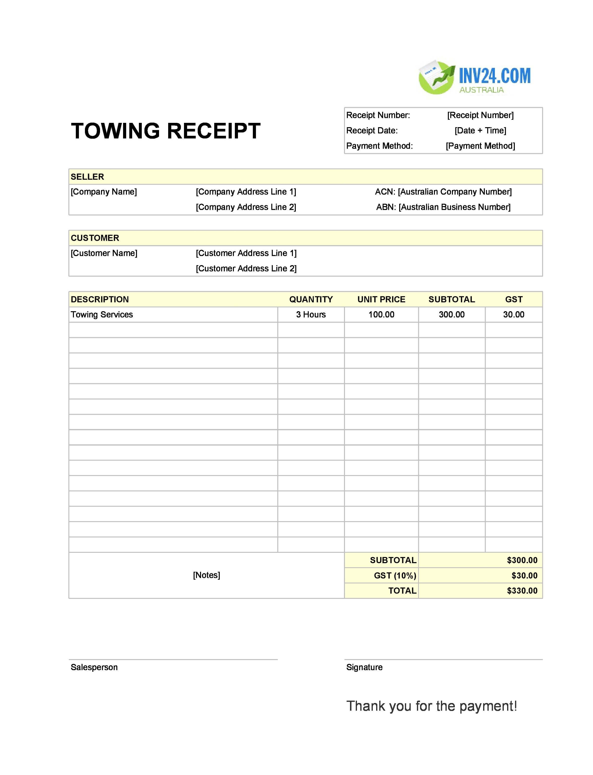 Towing Receipt Template for Australia (Excel / Google Sheets)