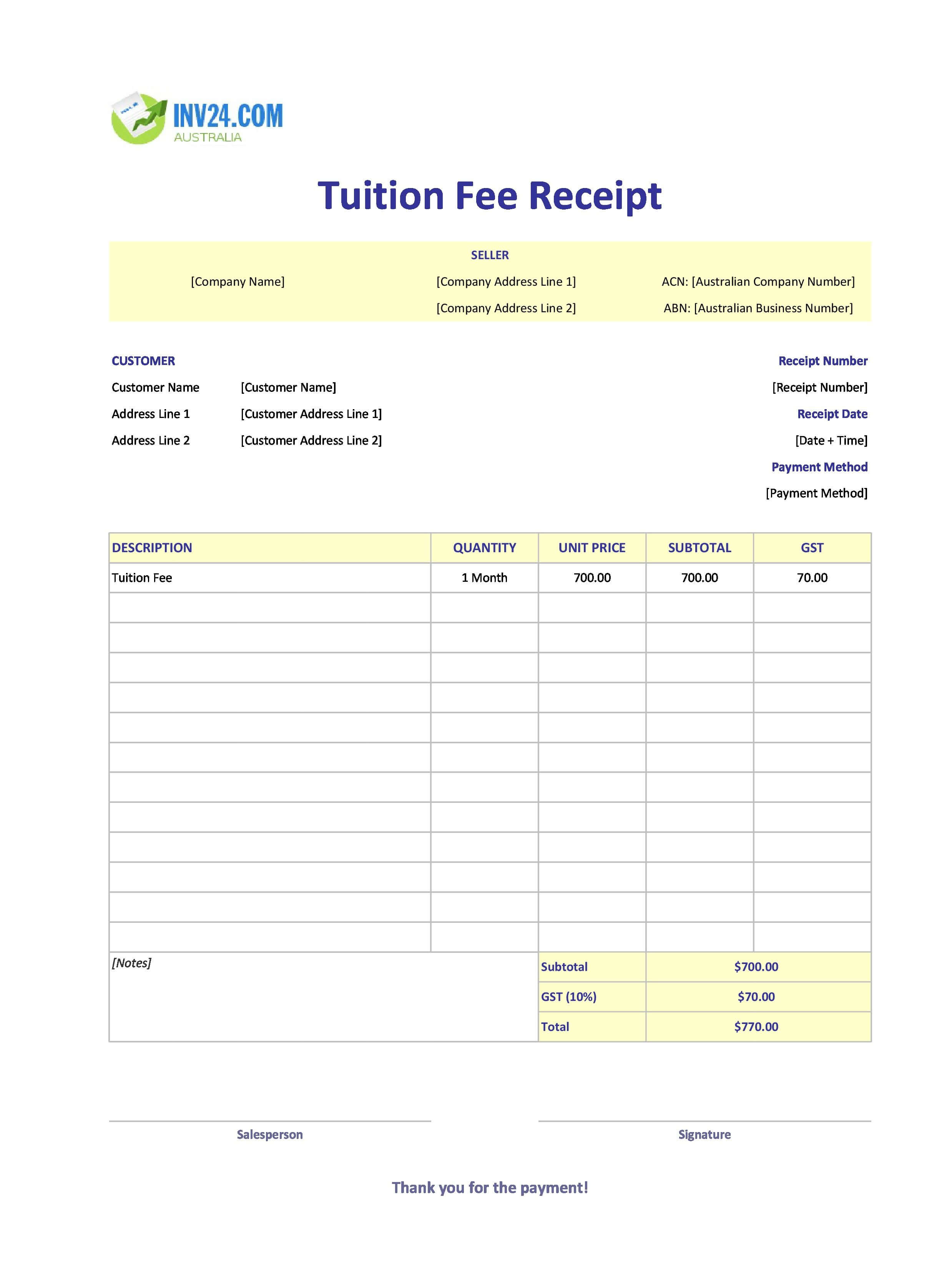 Tuition Fee Receipt Template for Australia (Excel / Google Sheets)