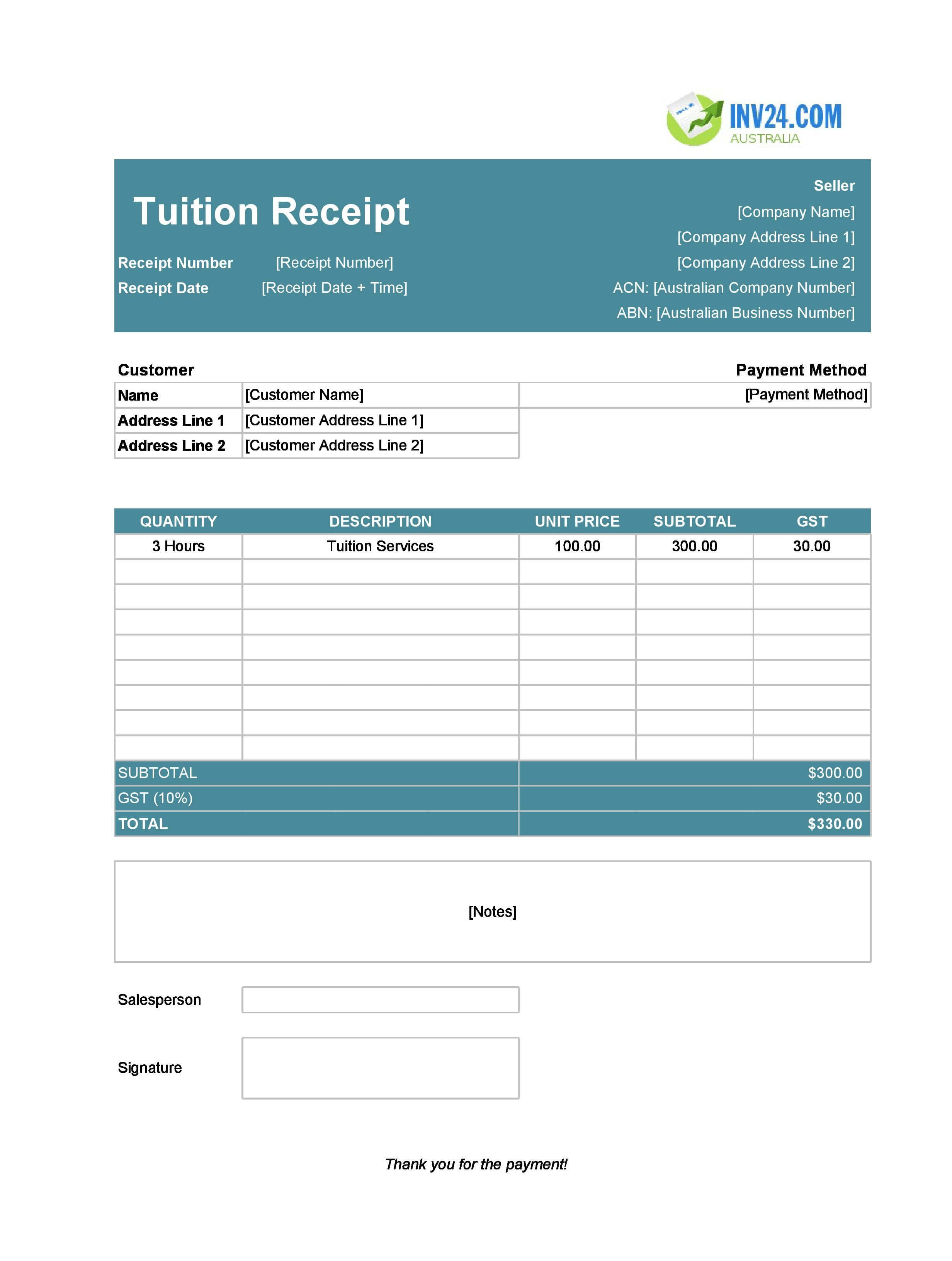 Tuition Receipt Template for Australia (Excel / Google Sheets)