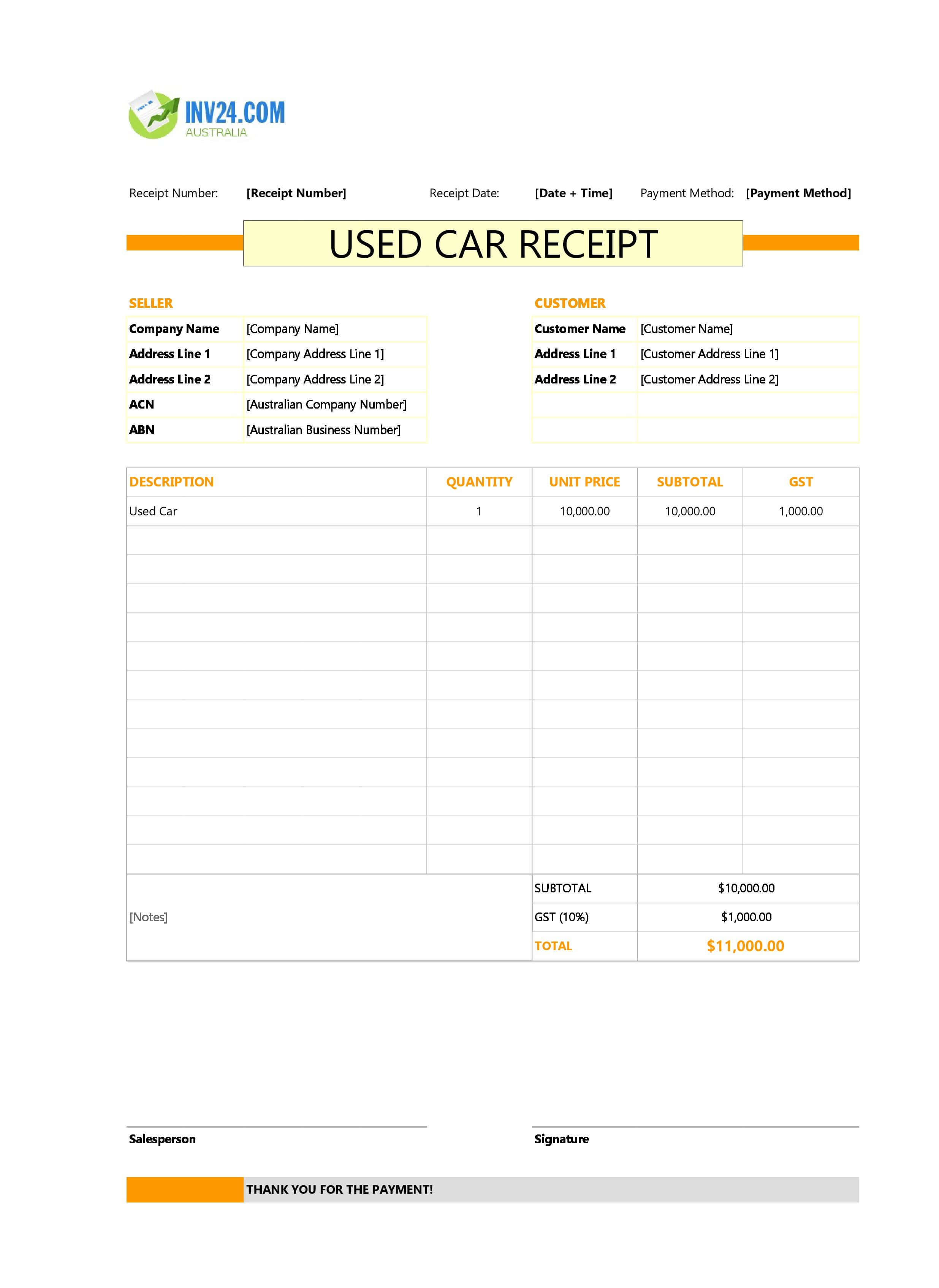 Used Car Receipt Template for Australia (Excel / Google Sheets)