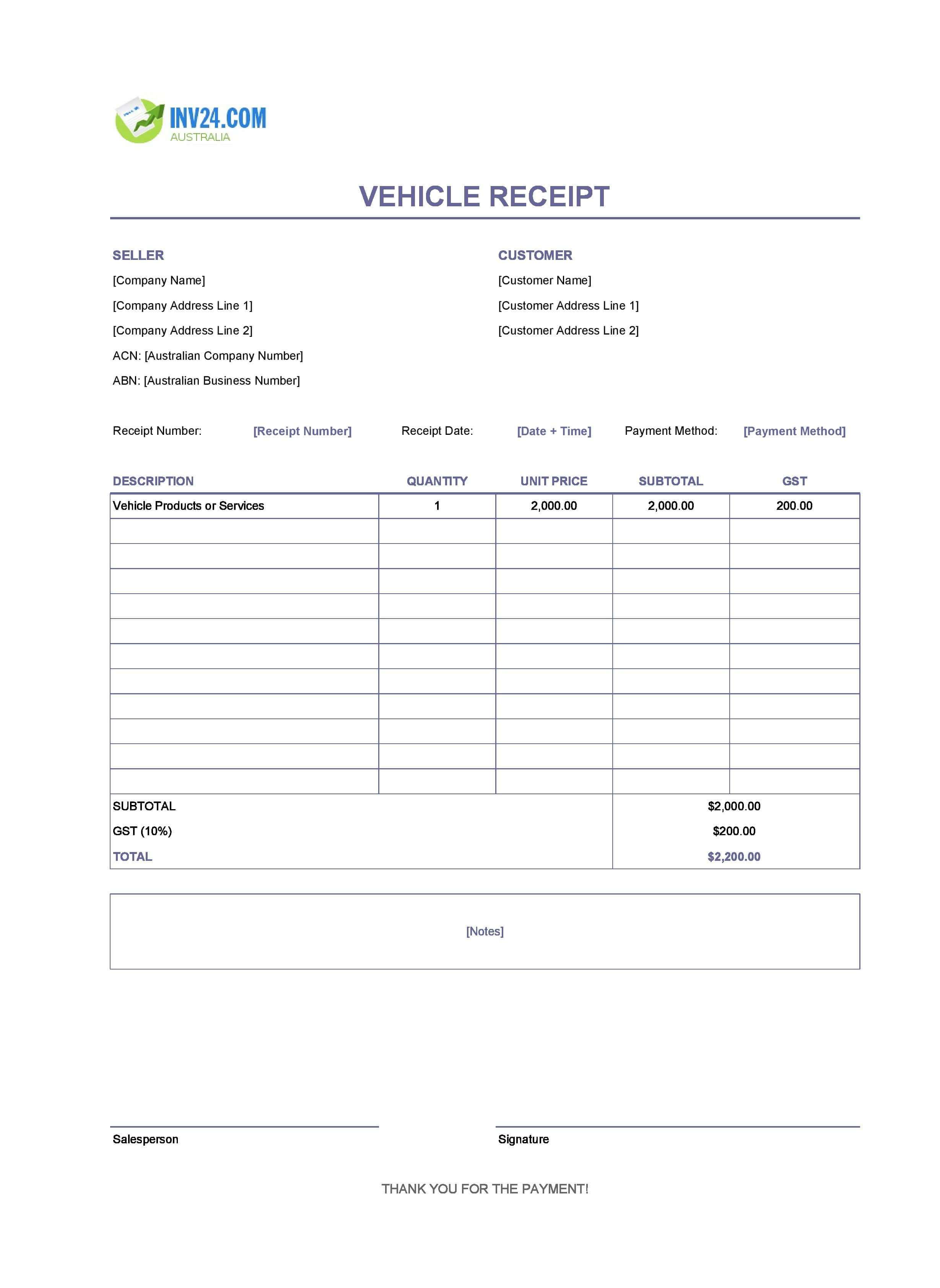 Vehicle Receipt Template for Australia (Excel / Google Sheets)