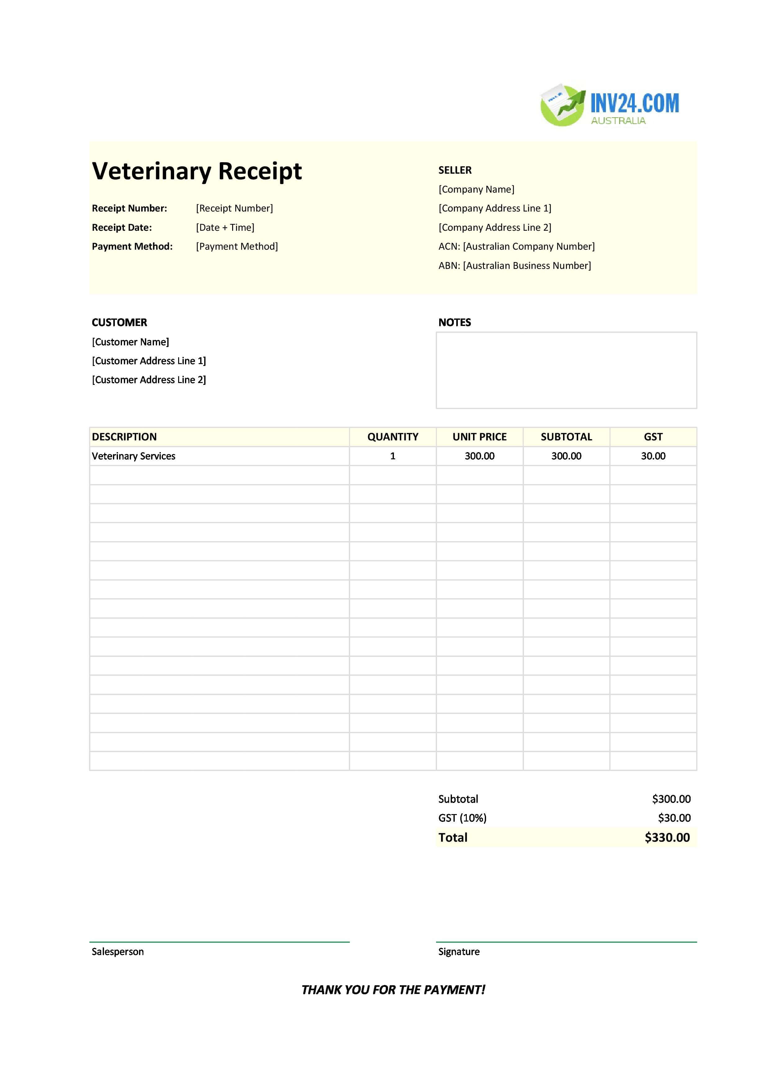 Veterinary Receipt Template for Australia (Excel / Google Sheets)