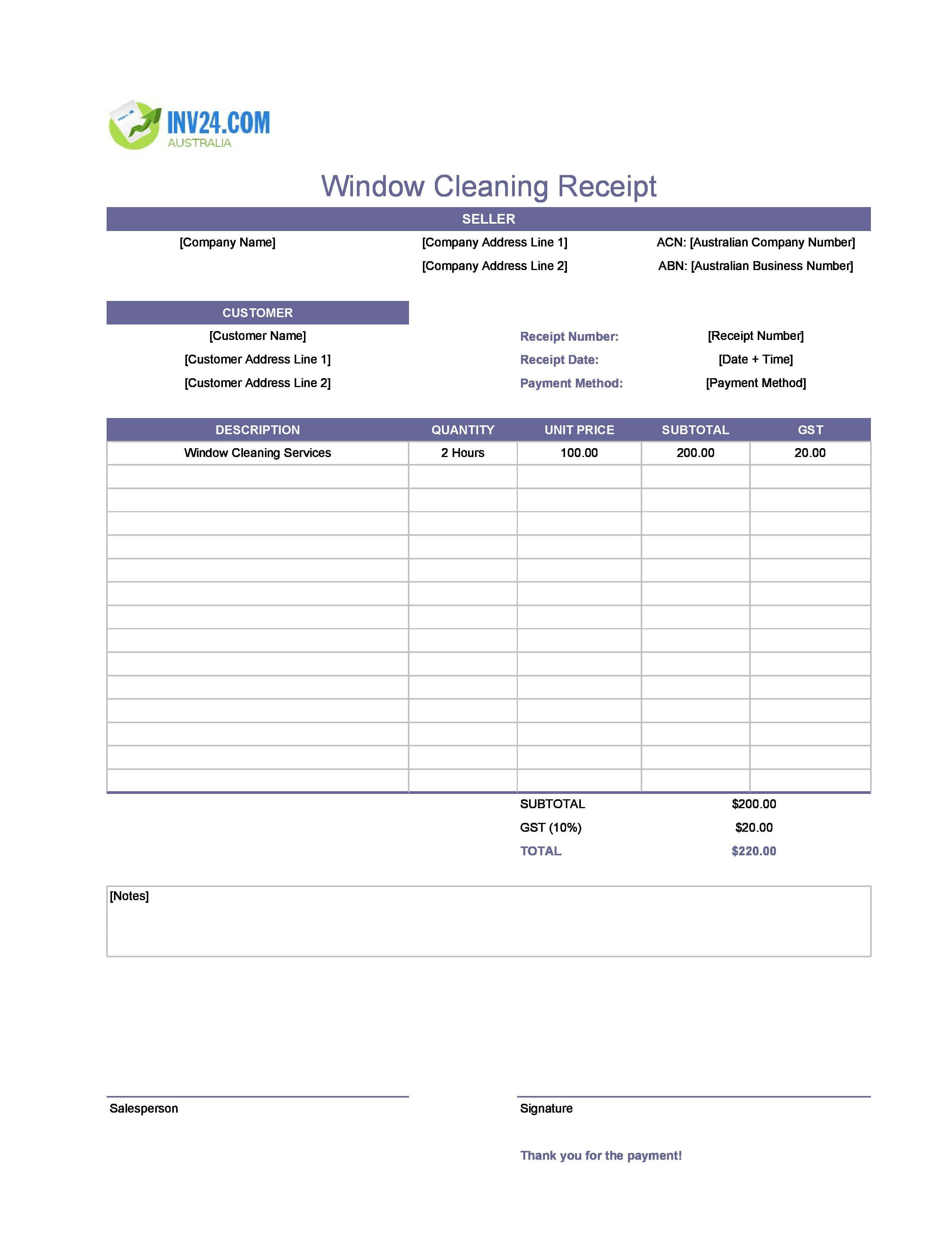 Window Cleaning Receipt Template for Australia (Excel / Google Sheets)