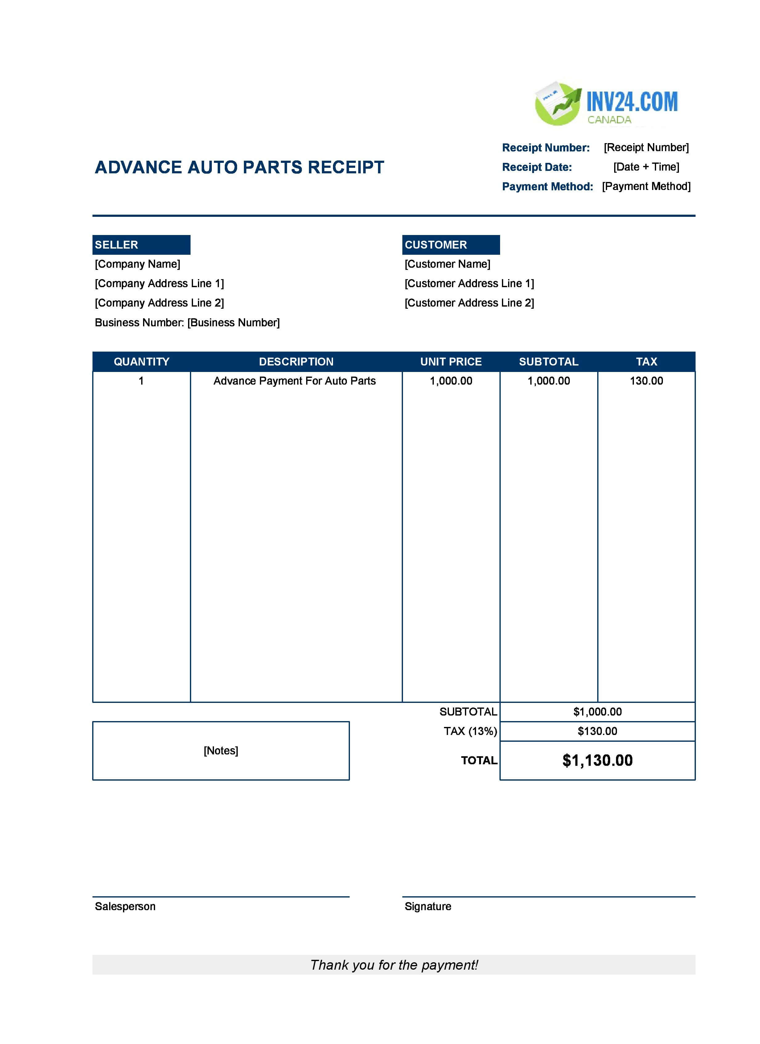 Advance Auto Parts Receipt Template for Canada (Excel / Google Sheets)